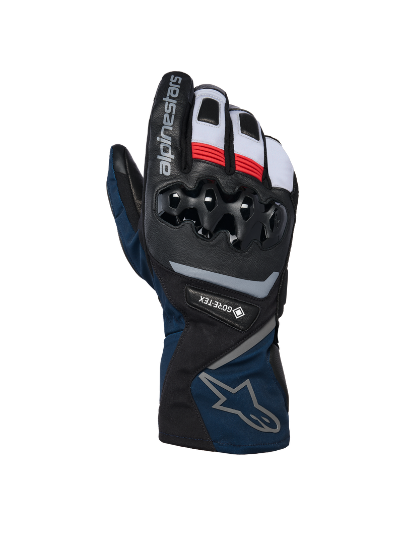 Gants isolés Alpinestars WT-8 GORE-TEX, gants de moto d'hiver, noirs et bleu foncé avec accents rouges et blancs, protection des articulations en TPU rigide, marquage GORE-TEX, design à manchette longue
