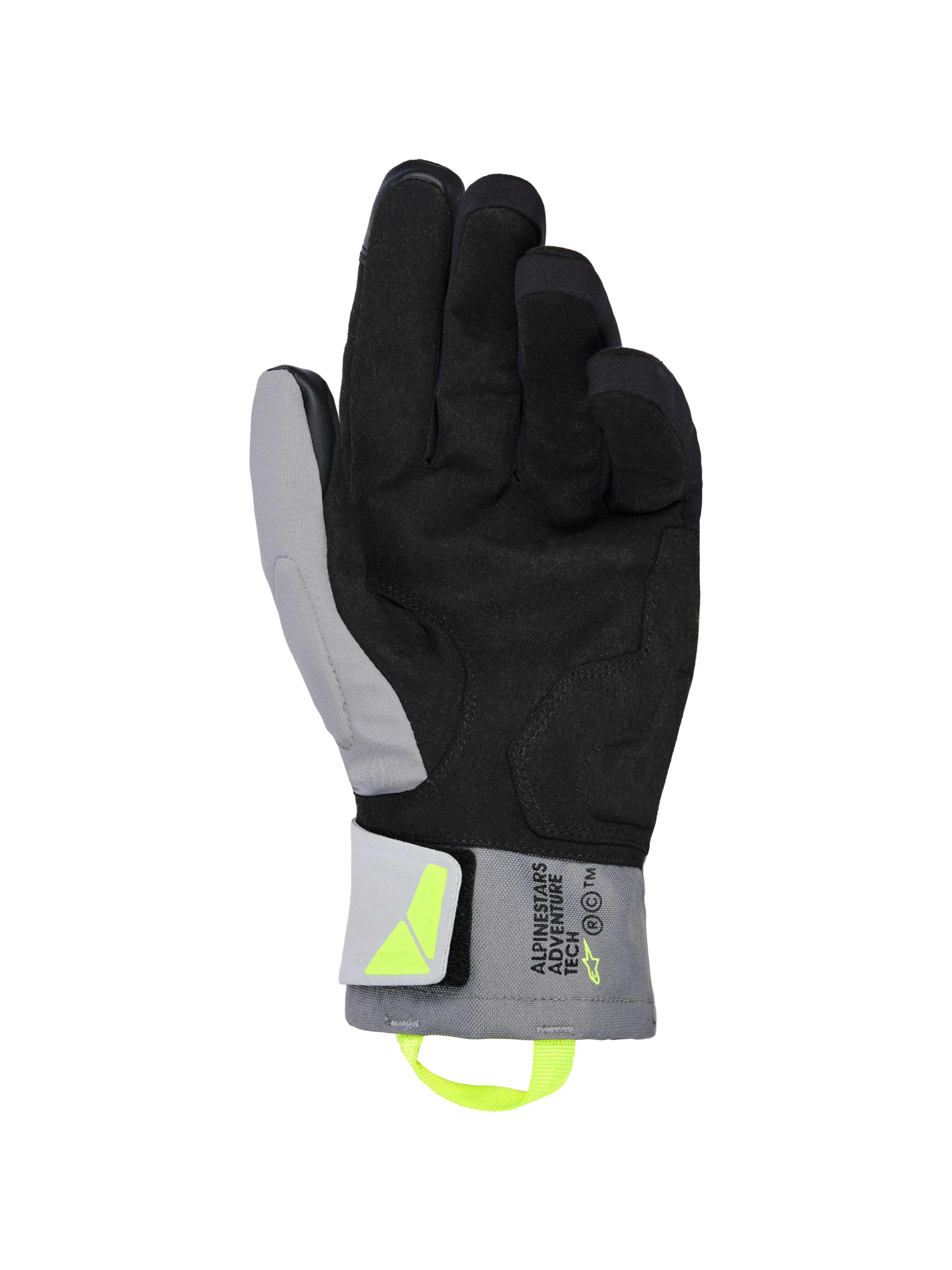 Gants Alpinestars XT-3 Drystar® Thermiques, gants de moto noir et gris foncé, vue de la paume montrant du daim noir souple et du textile gris, tirette et logo jaune fluorescent, marquage « ALPINESTARS ADVENTURE TECH » sur la manchette, imperméables et isolés pour la conduite d'aventure