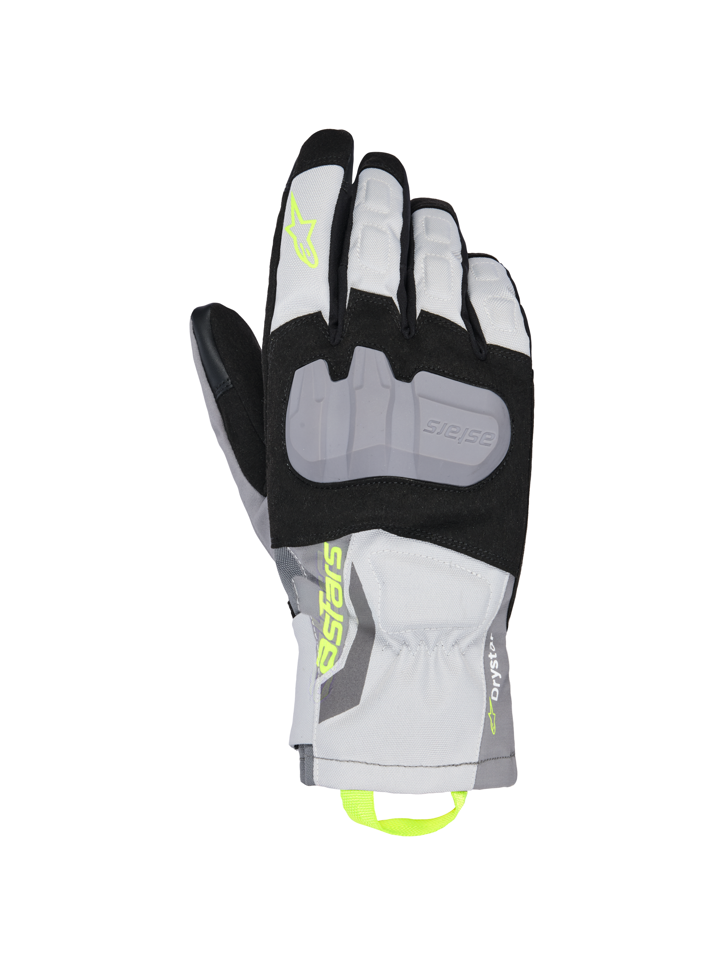 Gants isolés Alpinestars XT-3 Drystar, gants de moto touring, noir, gris et blanc, avec une large coque de protection grise, logo Astars et boucle de traction jaune fluo, construction textile imperméable et manchette mi-longue