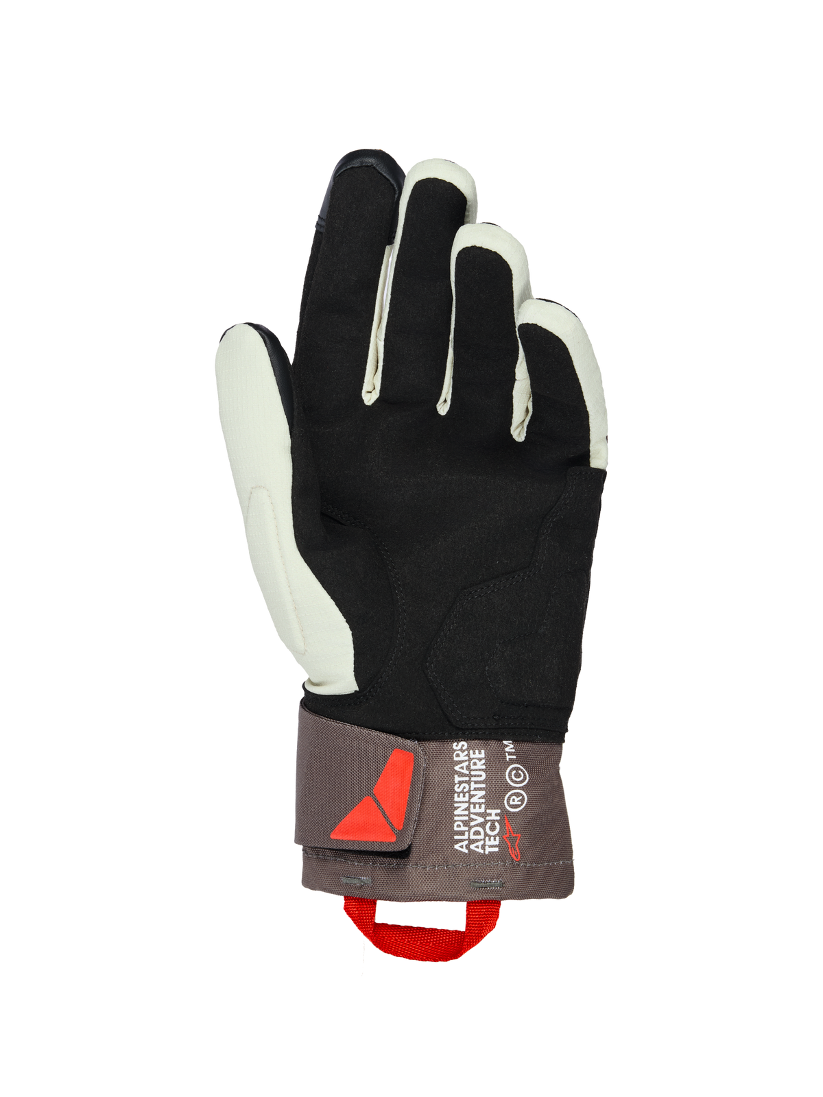 Gants isolés Alpinestars XT-3 Drystar®, vue de la paume, Sable Marron Foncé et Noir, dotés d'une paume en daim souple pour l'adhérence, manchette mi-longue avec marquage Alpinestars Adventure Tech, boucle de traction rouge et fermeture velcro, équipement de moto d'aventure