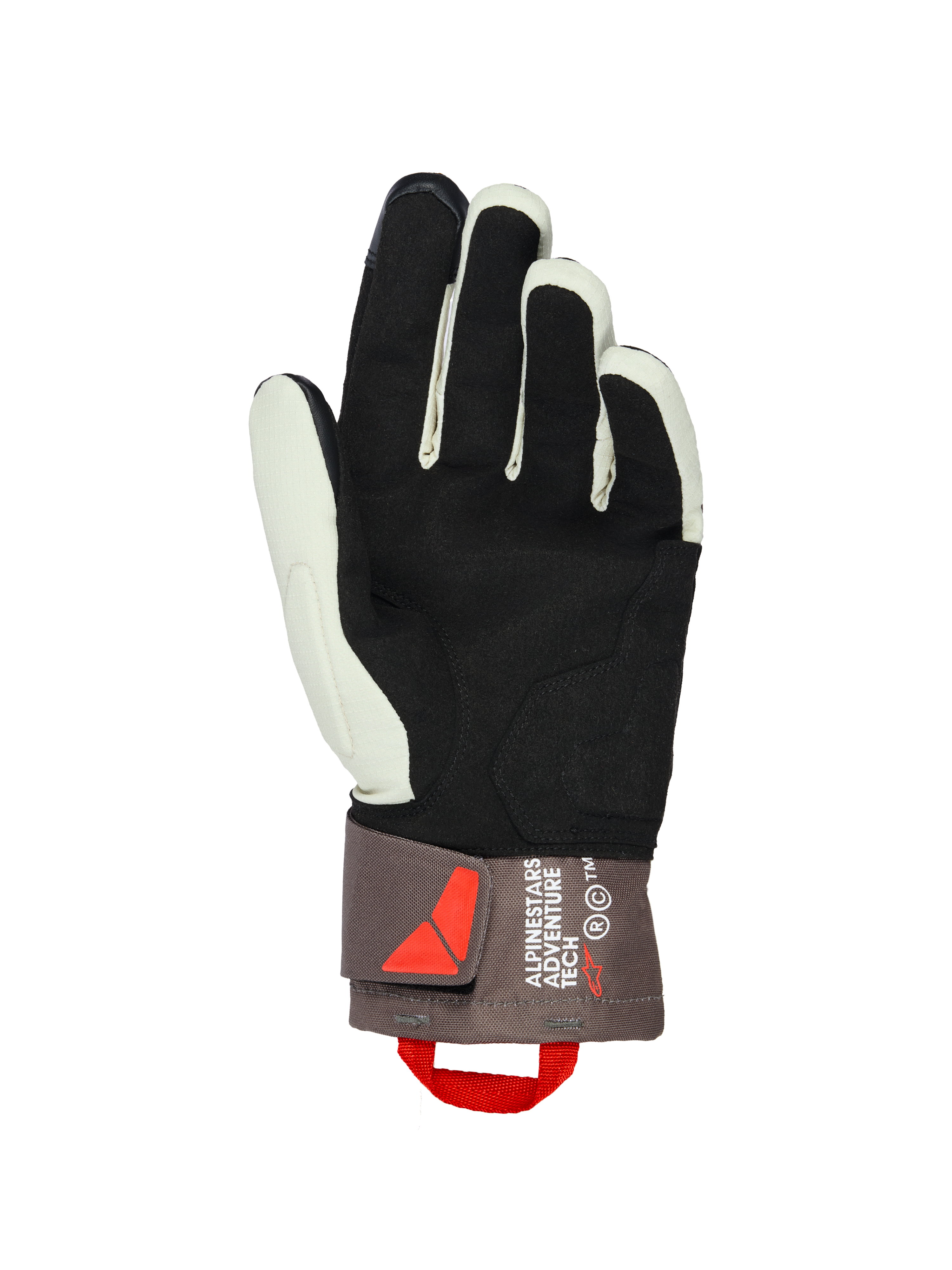 Gants isolés Alpinestars XT-3 Drystar®, vue de la paume, Sable Marron Foncé et Noir, dotés d'une paume en daim souple pour l'adhérence, manchette mi-longue avec marquage Alpinestars Adventure Tech, boucle de traction rouge et fermeture velcro, équipement de moto d'aventure