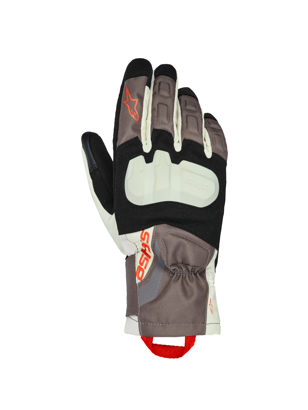 Gants isolants Alpinestars XT-3 Drystar®, gants de moto touring, marron foncé, sable et noir avec accents orange, dotés d'une protection des articulations apparente, d'une manchette mi-longue, d'une construction textile durable et d'une boucle de traction rouge.