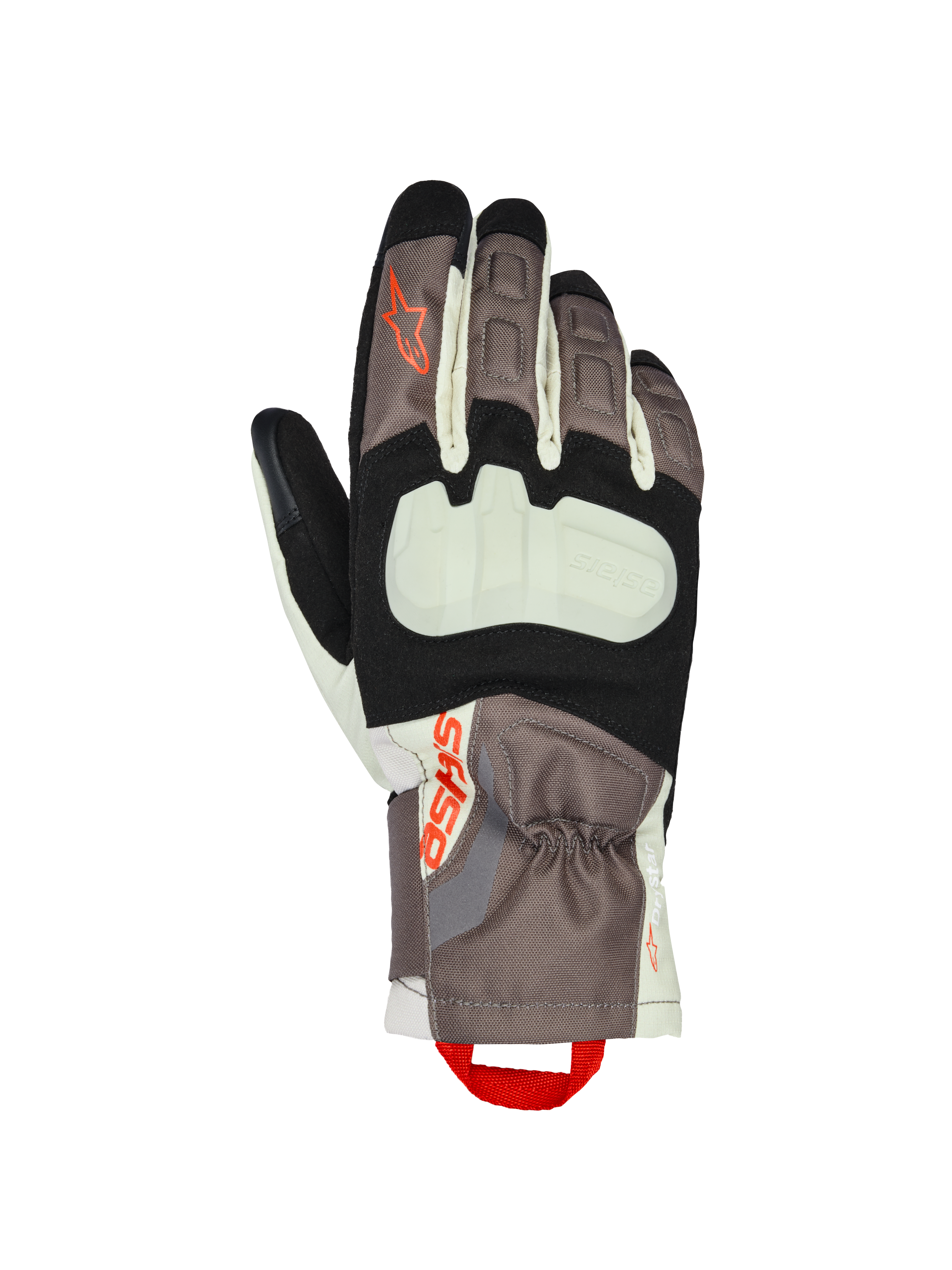 Gants isolants Alpinestars XT-3 Drystar®, gants de moto touring, marron foncé, sable et noir avec accents orange, dotés d'une protection des articulations apparente, d'une manchette mi-longue, d'une construction textile durable et d'une boucle de traction rouge.