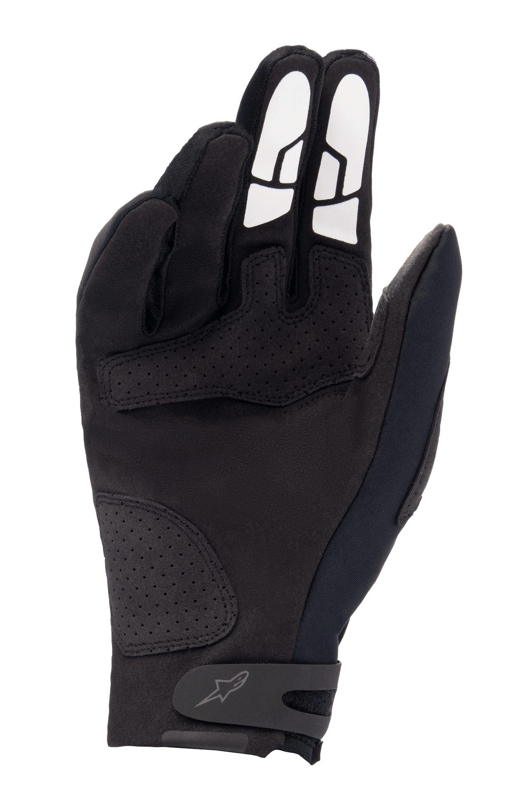 Gants Alpinestars Thermo Shielder, gants de motocross noirs, vue côté paume montrant la construction en daim synthétique, renforts perforés, motifs d'adhérence en silicone blanc sur les doigts et bride de fermeture avec logo au poignet.