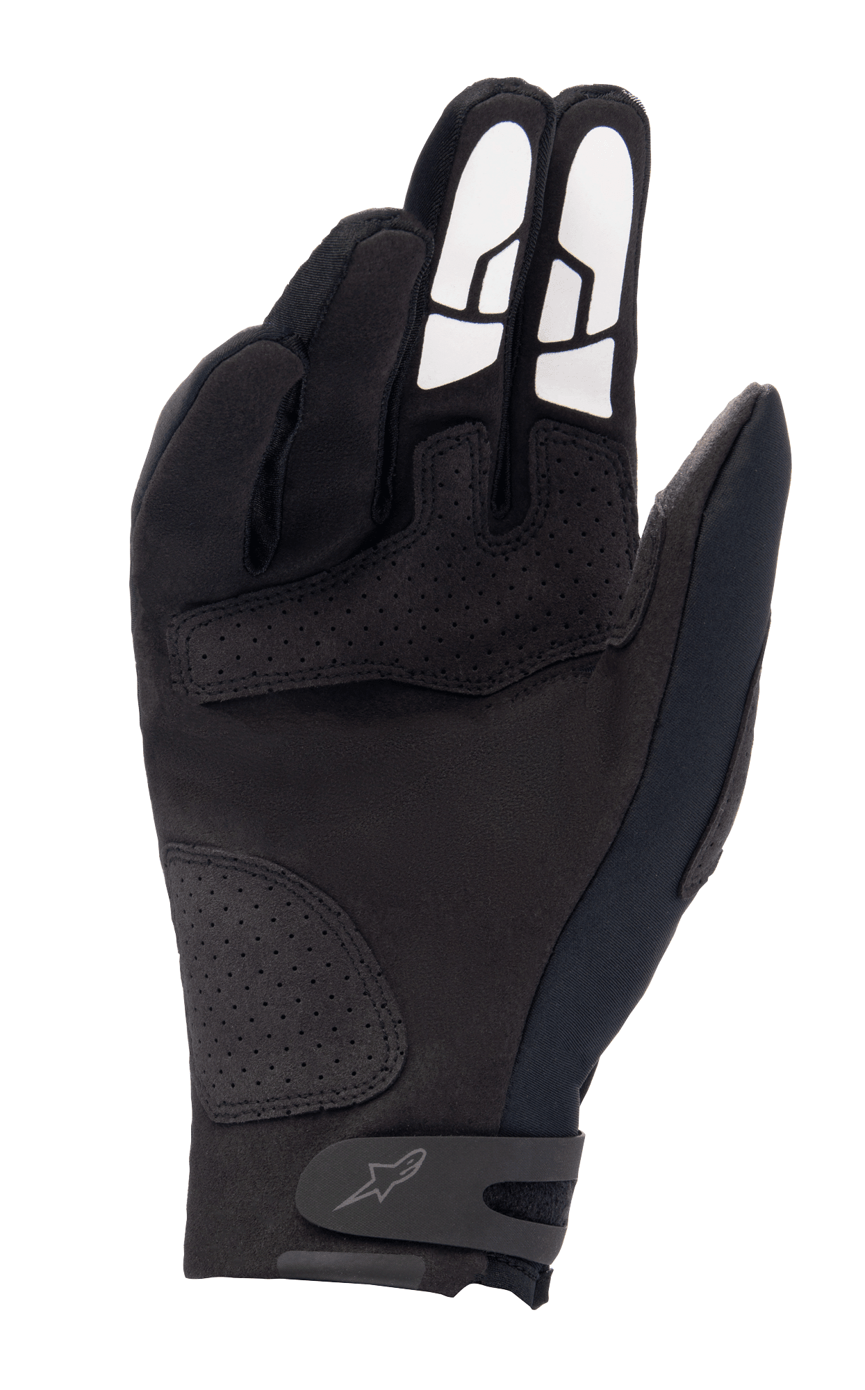 Gants Alpinestars Thermo Shielder, gants de motocross noirs, vue côté paume montrant la construction en daim synthétique, renforts perforés, motifs d'adhérence en silicone blanc sur les doigts et bride de fermeture avec logo au poignet.