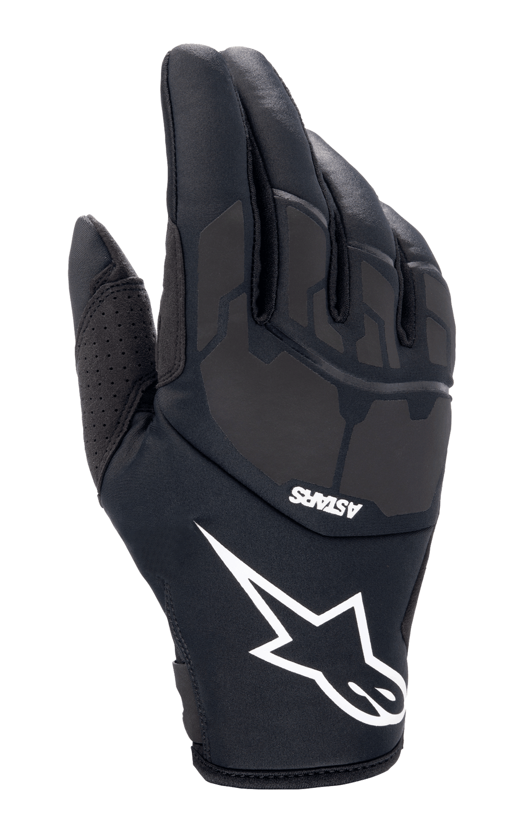 Alpinestars Thermo Shielder Gloves, gants de motocross noirs, dotés d'un grand logo étoile blanc et du marquage ASTARS, dos de la main rembourré avec détails laminés au laser, construction en néoprène pour le temps froid, ventilation perforée sur le pouce