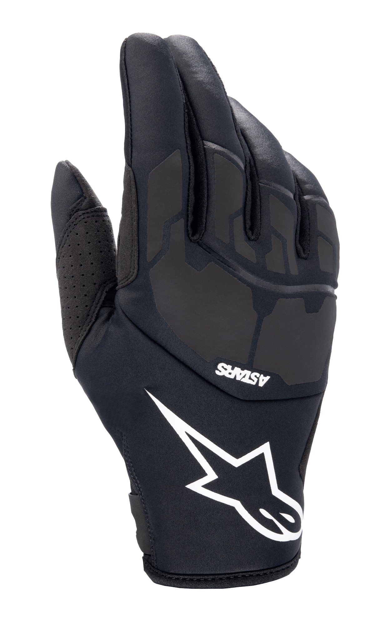 Alpinestars Thermo Shielder Gloves, gants de motocross noirs, dotés d'un grand logo étoile blanc et du marquage ASTARS, dos de la main rembourré avec détails laminés au laser, construction en néoprène pour le temps froid, ventilation perforée sur le pouce