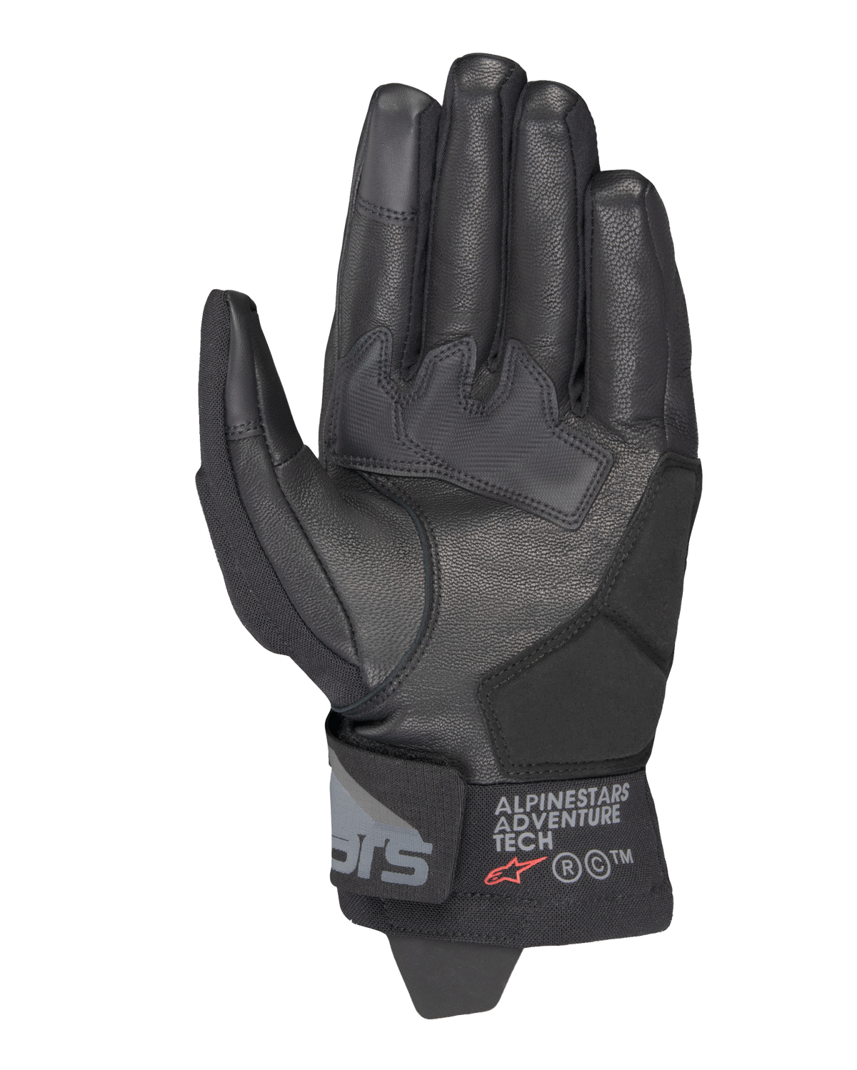 Gants Alpinestars Corozal V3 Drystar®, noir, vue du côté de la paume montrant la construction en cuir avec empiècements renforcés, manchette courte avec marquage Alpinestars Adventure Tech, bouts des doigts compatibles avec les écrans tactiles, équipement moto d'aventure durable toutes saisons.