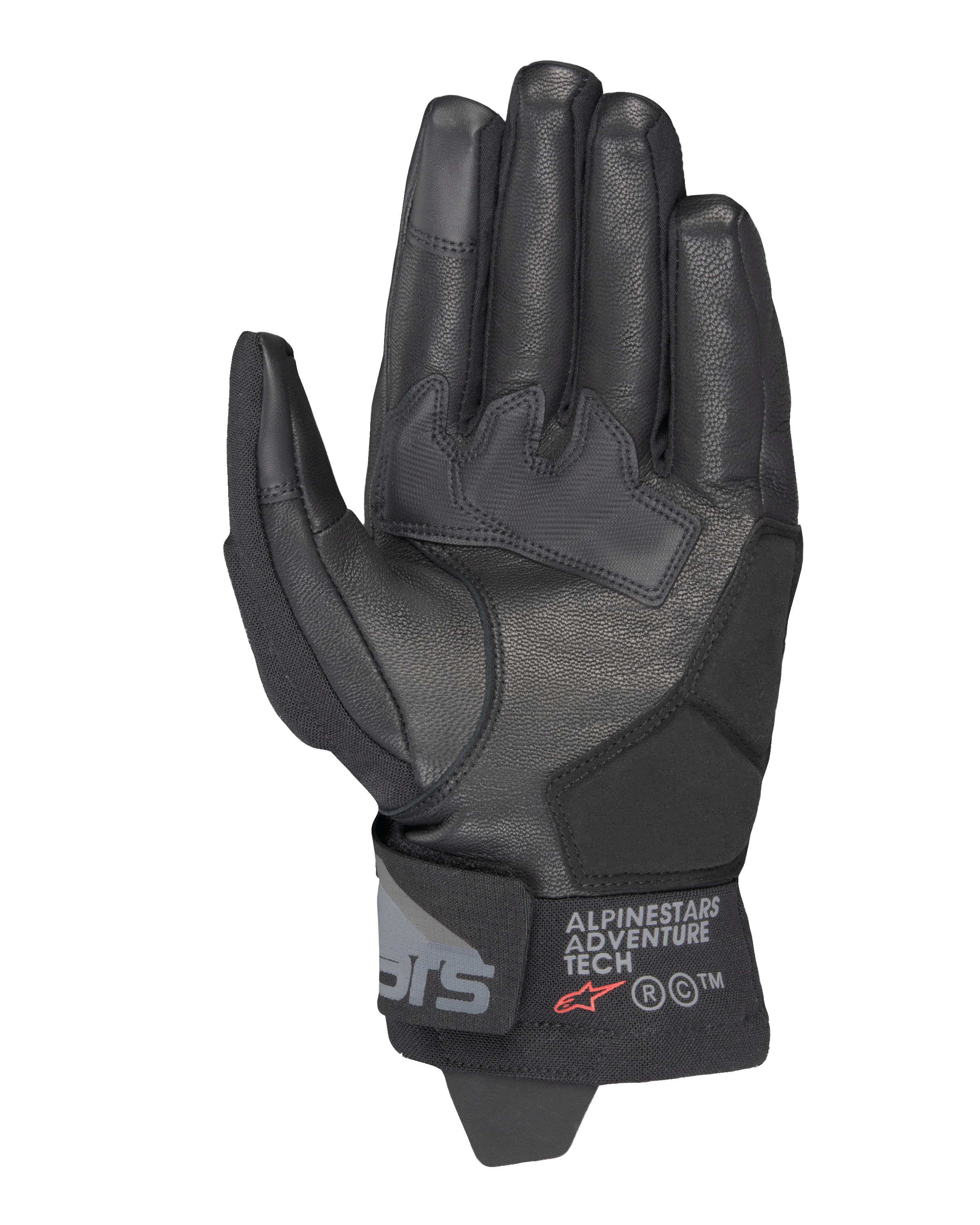 Alpinestars Corozal V3 Drystar® Gloves, Black, Palm side view showing leather construction with reinforced patches, short cuff with Alpinestars Adventure Tech branding, touchscreen-compatible fingertips, durable all-weather adventure motorcycle gear.