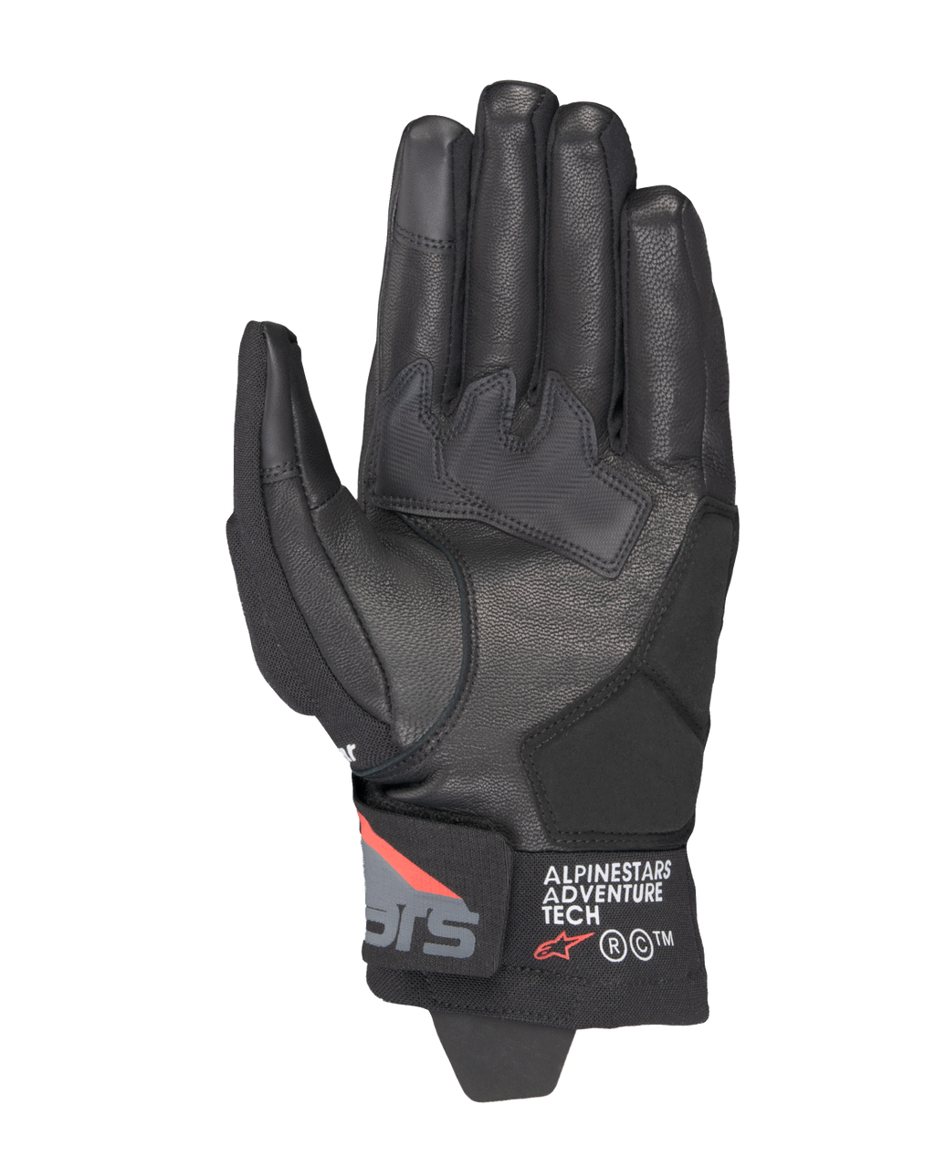 Gants Alpinestars Corozal V3 Drystar®, Noir Gris Foncé Rouge Fluo, vue de la paume avec construction en cuir, renforts de paume synthétiques et manchette courte avec marquage Alpinestars Adventure Tech
