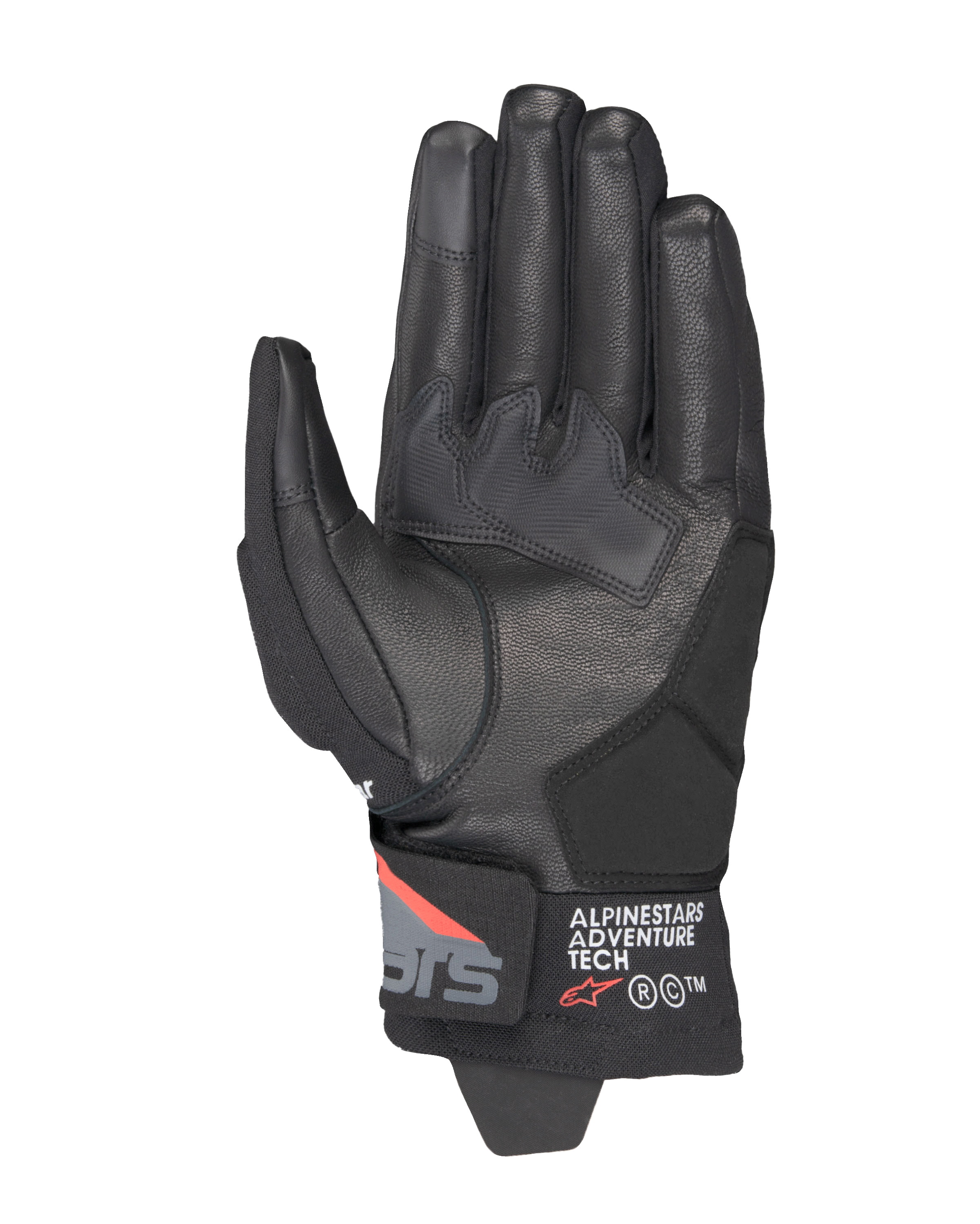 Gants Alpinestars Corozal V3 Drystar®, Noir Gris Foncé Rouge Fluo, vue de la paume avec construction en cuir, renforts de paume synthétiques et manchette courte avec marquage Alpinestars Adventure Tech