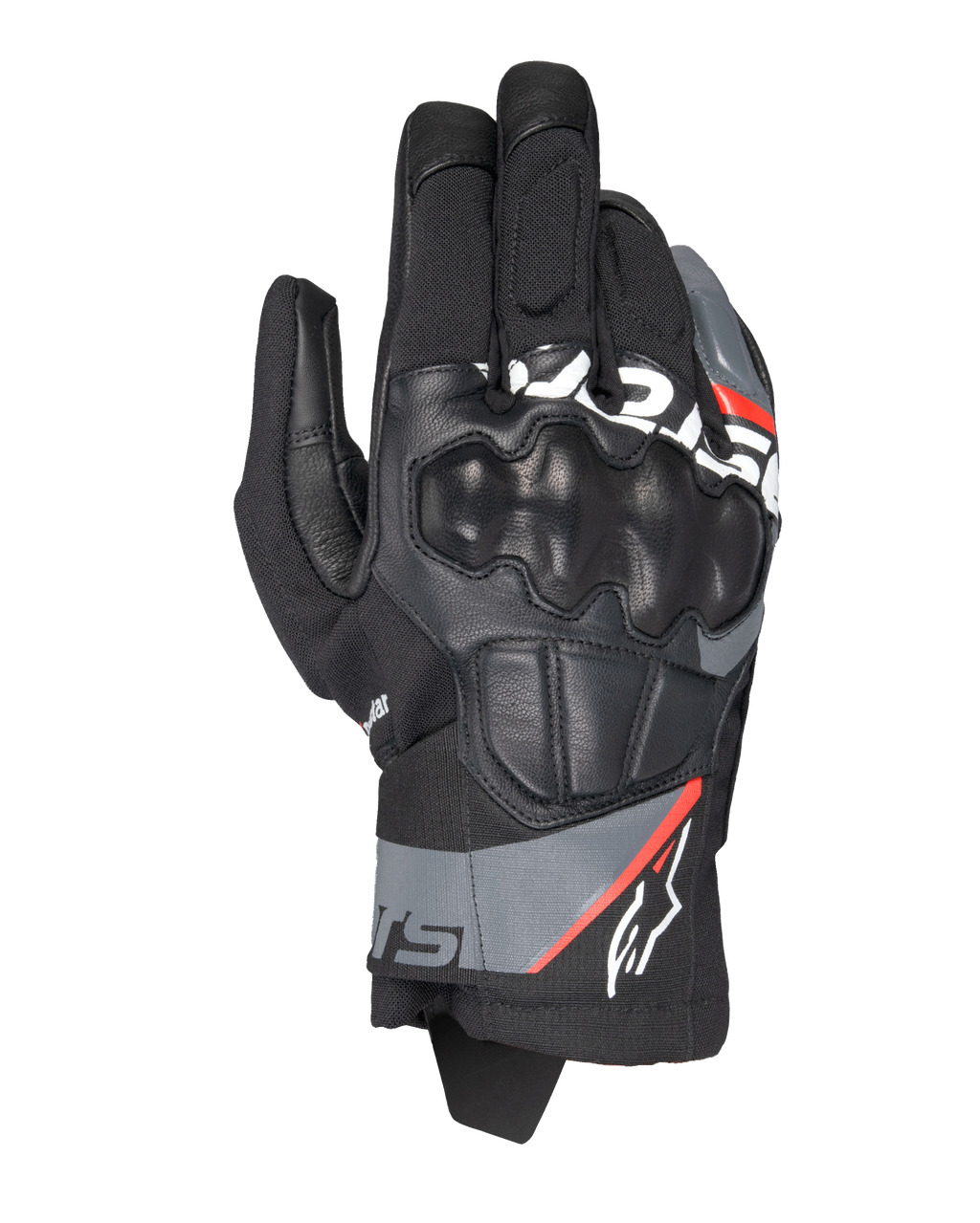 Alpinestars Corozal V3 Drystar®, gants de moto aventure, noir avec accents gris foncé et rouge fluo, vue de dessus montrant la protection d'articulation SP recouverte de cuir, construction en textile et cuir, manchette courte, équipement de protection imperméable