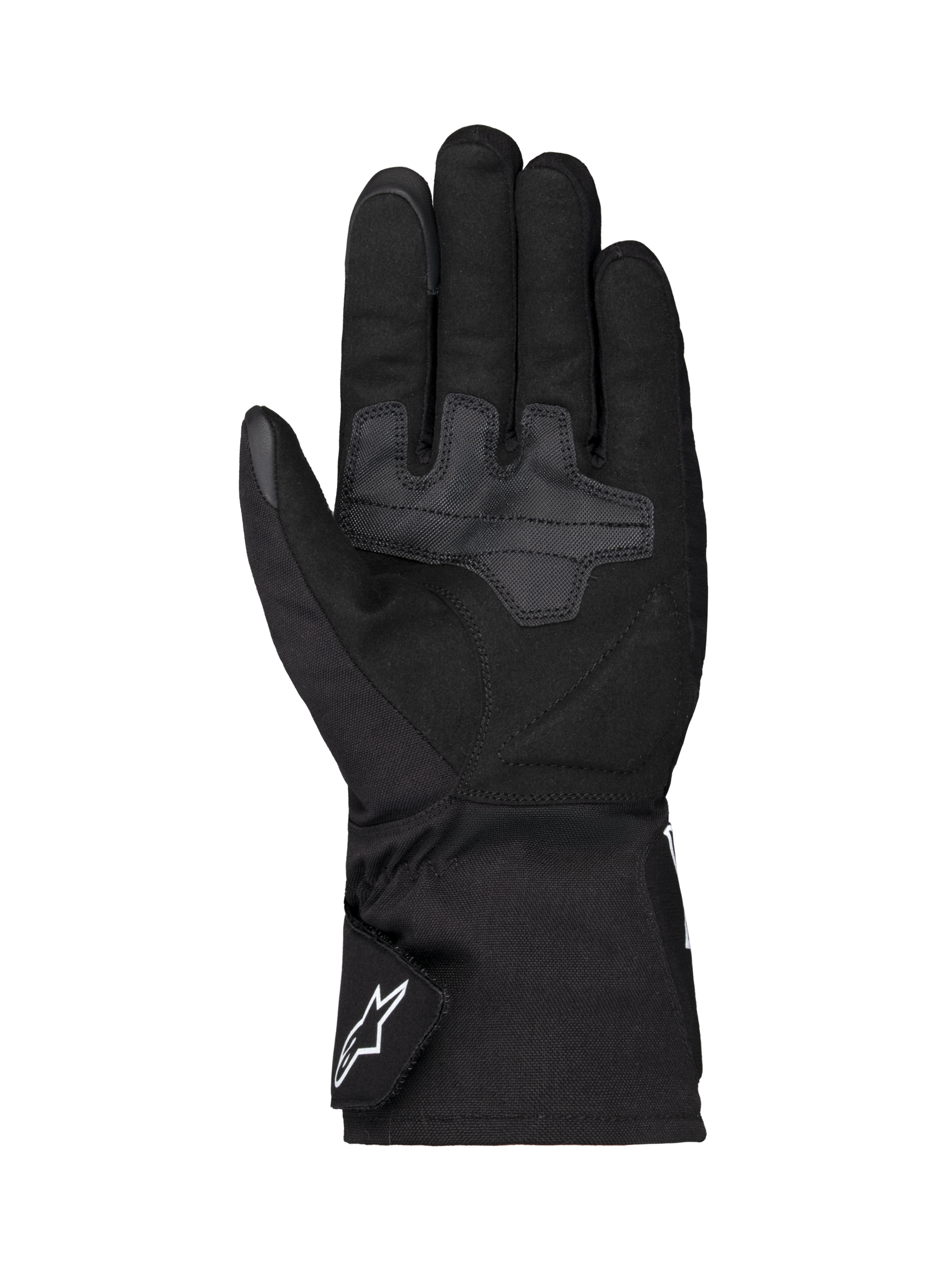 Gants Alpinestars Wt-1 Drystar® Insulated, gants de moto, noirs, vue de la paume présentant des zones de préhension en textile renforcé, manchette longue avec logo Alpinestars blanc sur la sangle, construction résistante aux intempéries pour la conduite sur route