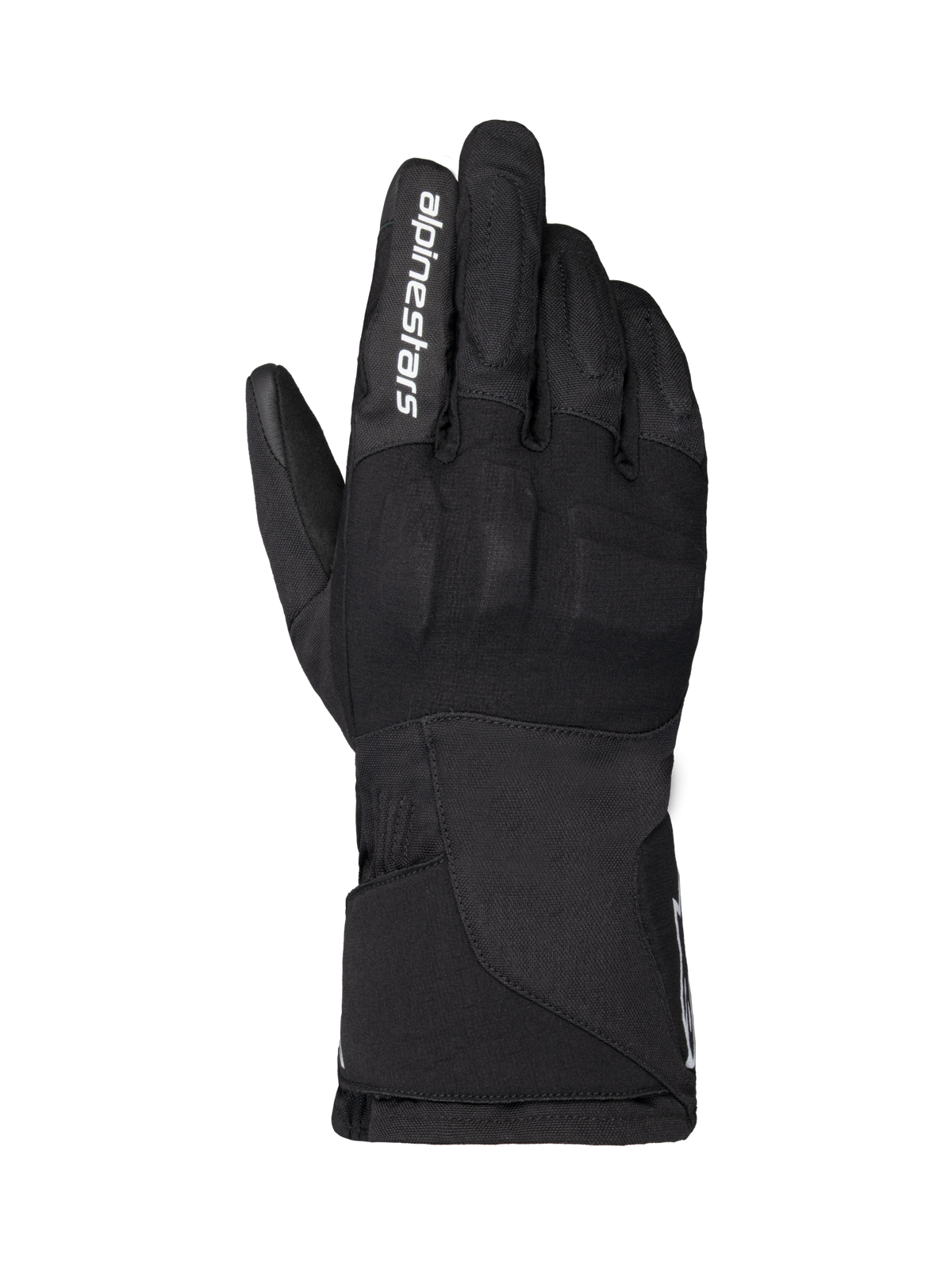 Gants Alpinestars WT-1 Drystar Insulated, gants de moto, noirs, construction en textile avec protection intégrée des articulations, marquage Alpinestars blanc sur l'index, manchette longue, équipement de moto imperméable et thermique pour la route et l'aventure