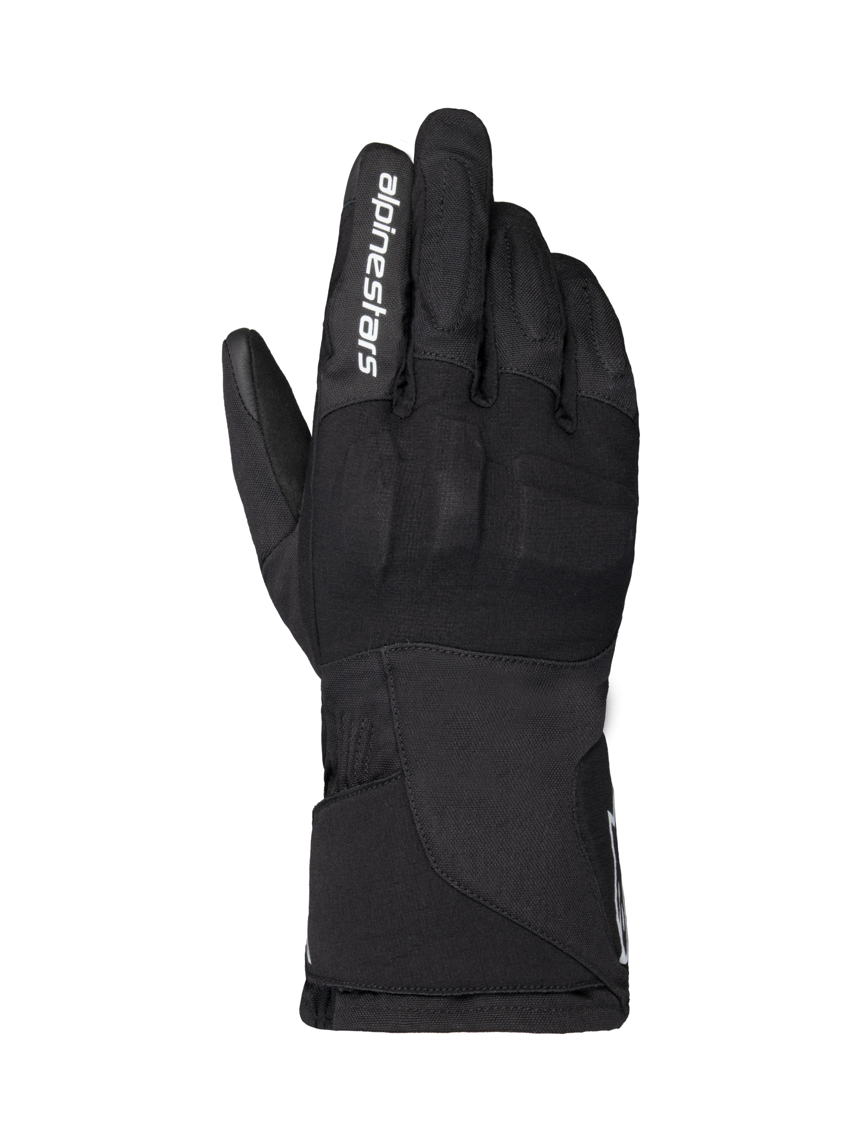 Gants Alpinestars WT-1 Drystar Insulated, gants de moto, noirs, construction en textile avec protection intégrée des articulations, marquage Alpinestars blanc sur l'index, manchette longue, équipement de moto imperméable et thermique pour la route et l'aventure