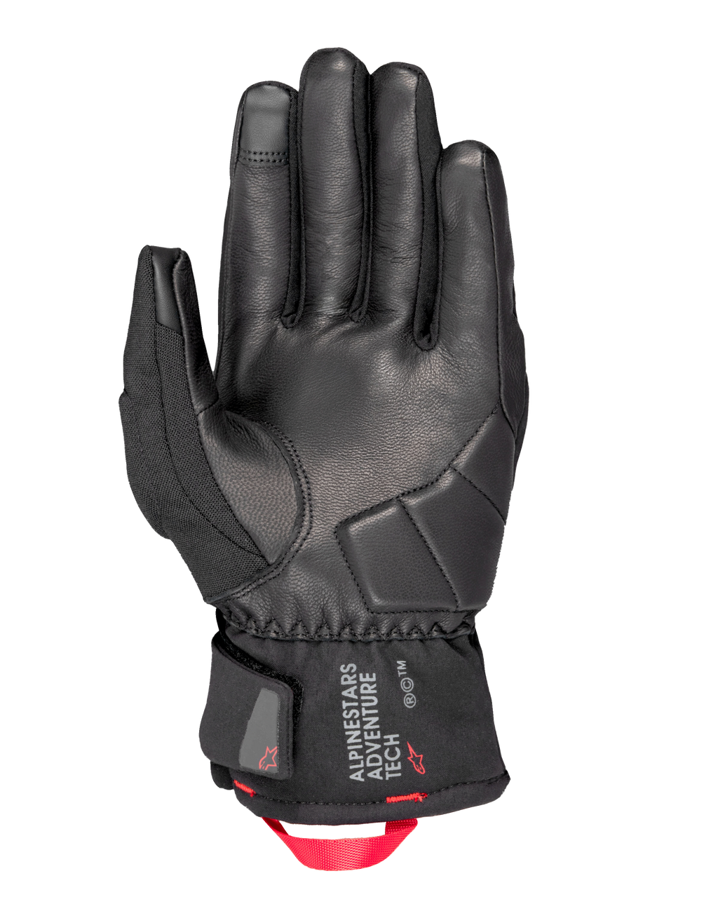 Gants Alpinestars Crestone GORE-TEX Thermiques, gants de moto, noir, vue de la paume présentant une construction en cuir avec rembourrage d'impact renforcé, manchette courte avec logo Alpinestars Adventure Tech et boucle de traction en sangle rouge vif