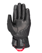 Gants Alpinestars Crestone GORE-TEX Thermiques, gants de moto, noir, vue de la paume présentant une construction en cuir avec rembourrage d'impact renforcé, manchette courte avec logo Alpinestars Adventure Tech et boucle de traction en sangle rouge vif