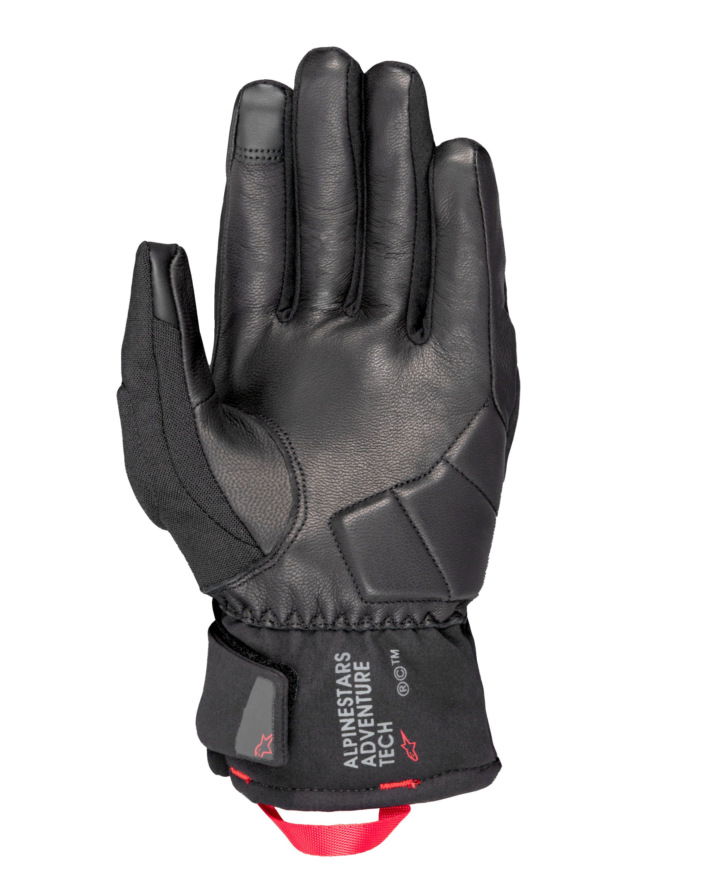 Gants Alpinestars Crestone GORE-TEX Thermiques, gants de moto, noir, vue de la paume présentant une construction en cuir avec rembourrage d'impact renforcé, manchette courte avec logo Alpinestars Adventure Tech et boucle de traction en sangle rouge vif