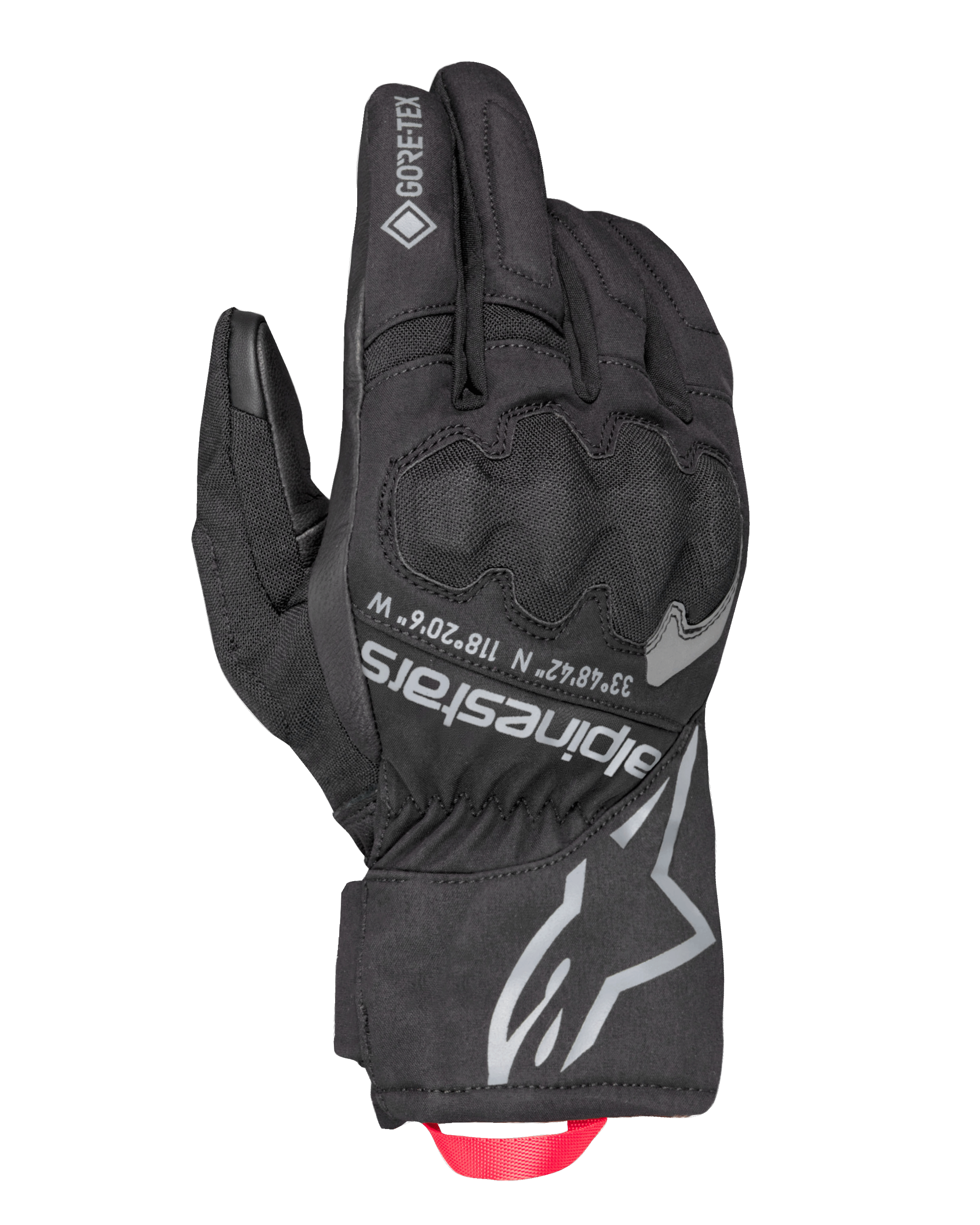 Gants isolés Alpinestars Crestone GORE-TEX, gants de moto touring noirs, revers en textile imperméable et respirant, protection des articulations intégrée, logo Alpinestars et coordonnées argentés, boucle de traction rouge