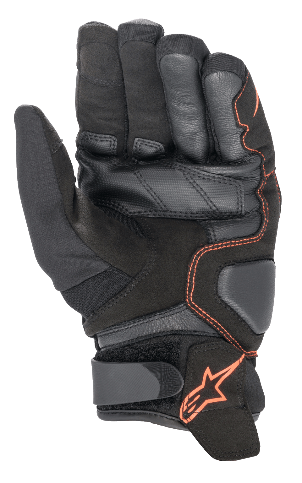 Alpinestars SMX-1 Drystar® Gloves, Motorcycle Gloves, Black and Red Fluo, palm view highlighting reinforced leather and suede construction, padded landing zones, and Velcro wrist strap with red star logo.