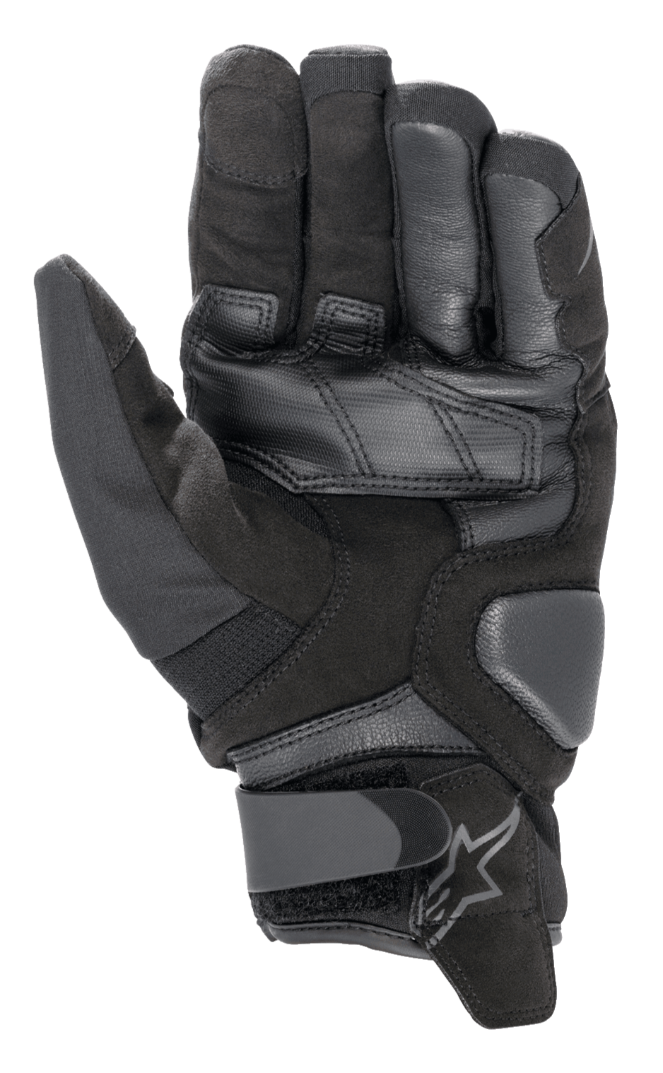 Gants Alpinestars SMX-1 Drystar®, gants de moto, noir, vue de la paume montrant la construction en daim synthétique, les renforts en cuir, les zones d'atterrissage rembourrées et la fermeture de poignet réglable avec logo