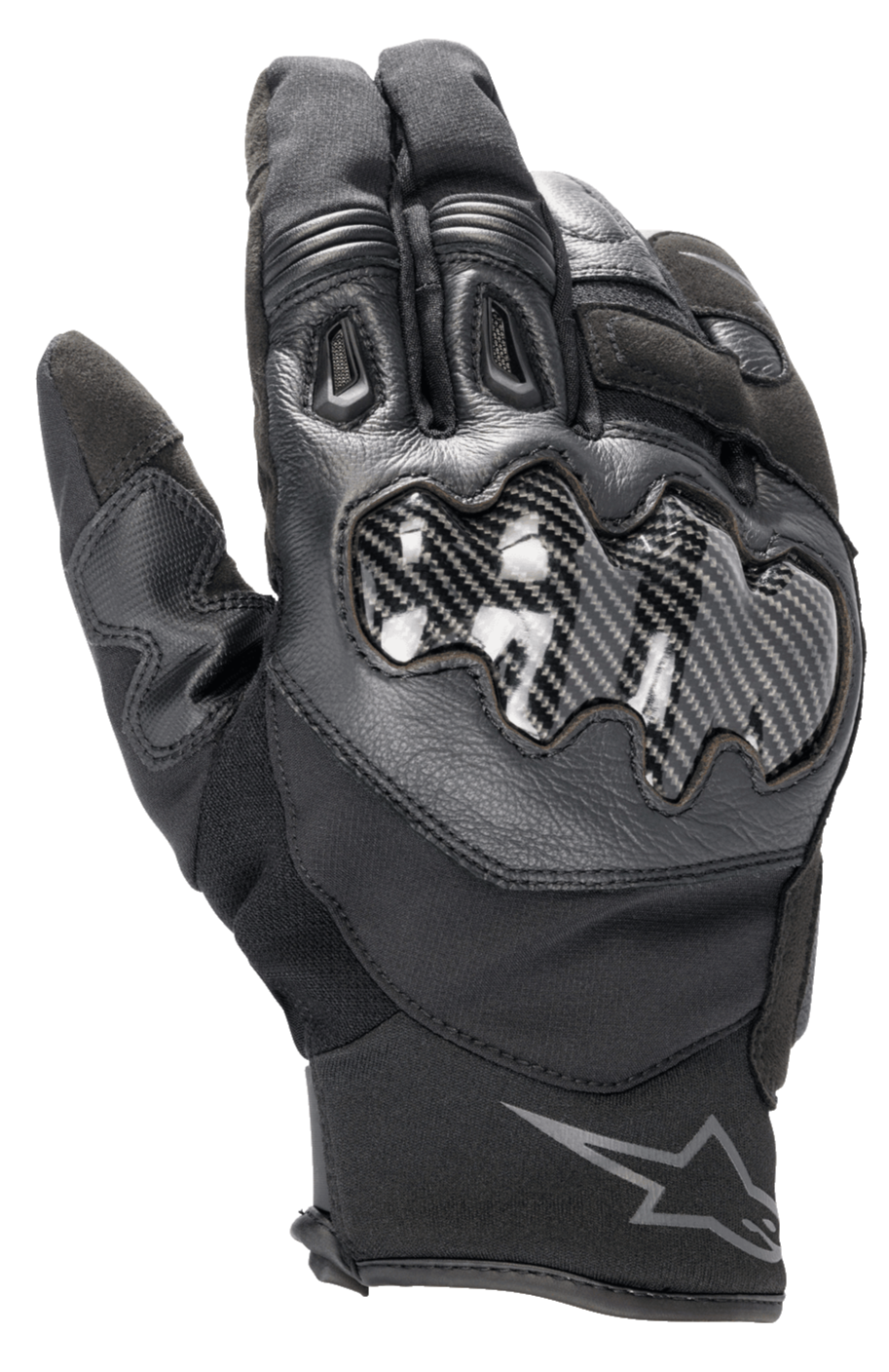 Gants Alpinestars SMX-1 Drystar®, gants de moto noirs, dotés d'une protection de jointure à effet carbone, construction en cuir et textile, manchette courte avec logo Alpinestars sur le poignet