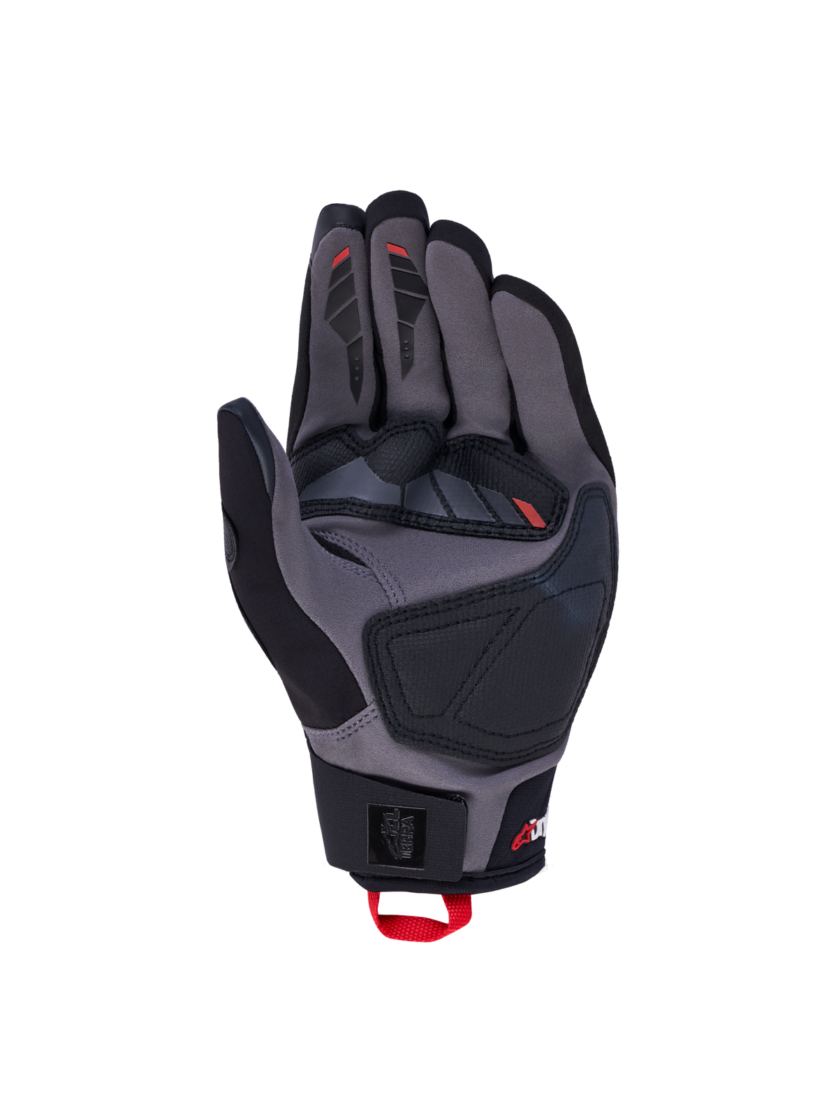 Alpinestars Maxdura Drystar Gants, gants de moto touring all-terrain, noirs et gris avec des détails rouges, vue de la paume avec renforts en suède technique et membrane Drystar imperméable