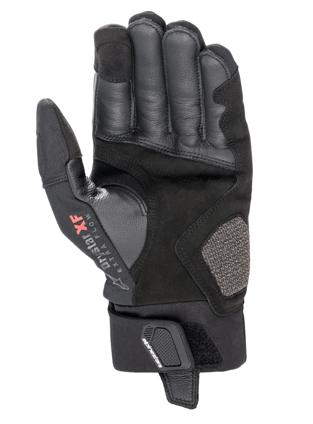 Gants Alpinestars Hyde XT Drystar® XF, gants de moto, noir, vue de la paume présentant des textures en daim synthétique renforcé et en cuir, logo Drystar XF Extra Flow sur le pouce, manchette mi-longue avec sangle de poignet sécurisée, design adventure touring
