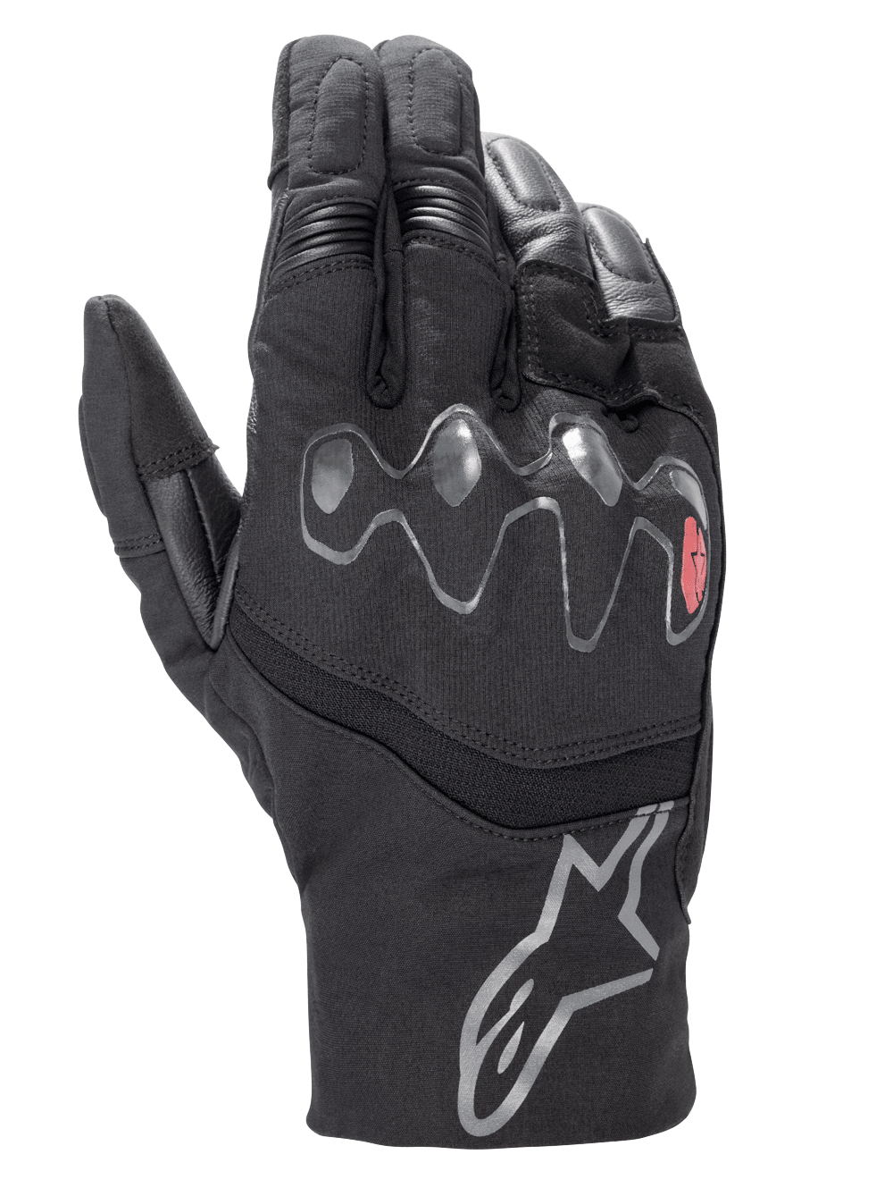 Gants Alpinestars Hyde XT Drystar® XF, gants de moto noirs, protection de jointures viscoélastique ondulée avec accent rouge, manchette mi-longue avec logo étoile argenté, construction en textile imperméable et daim synthétique, équipement de touring aventure
