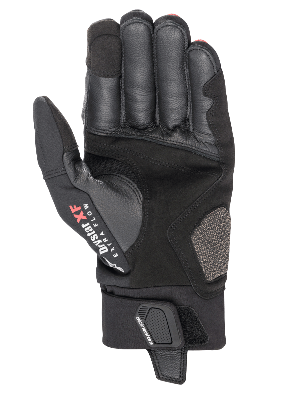 Gants Alpinestars Hyde XT Drystar® XF, gants de moto, noir et rouge vif, vue de la paume montrant la construction en daim synthétique renforcé, marquage Drystar XF Extra Flow sur le pouce et rabat de fermeture réglable au poignet.