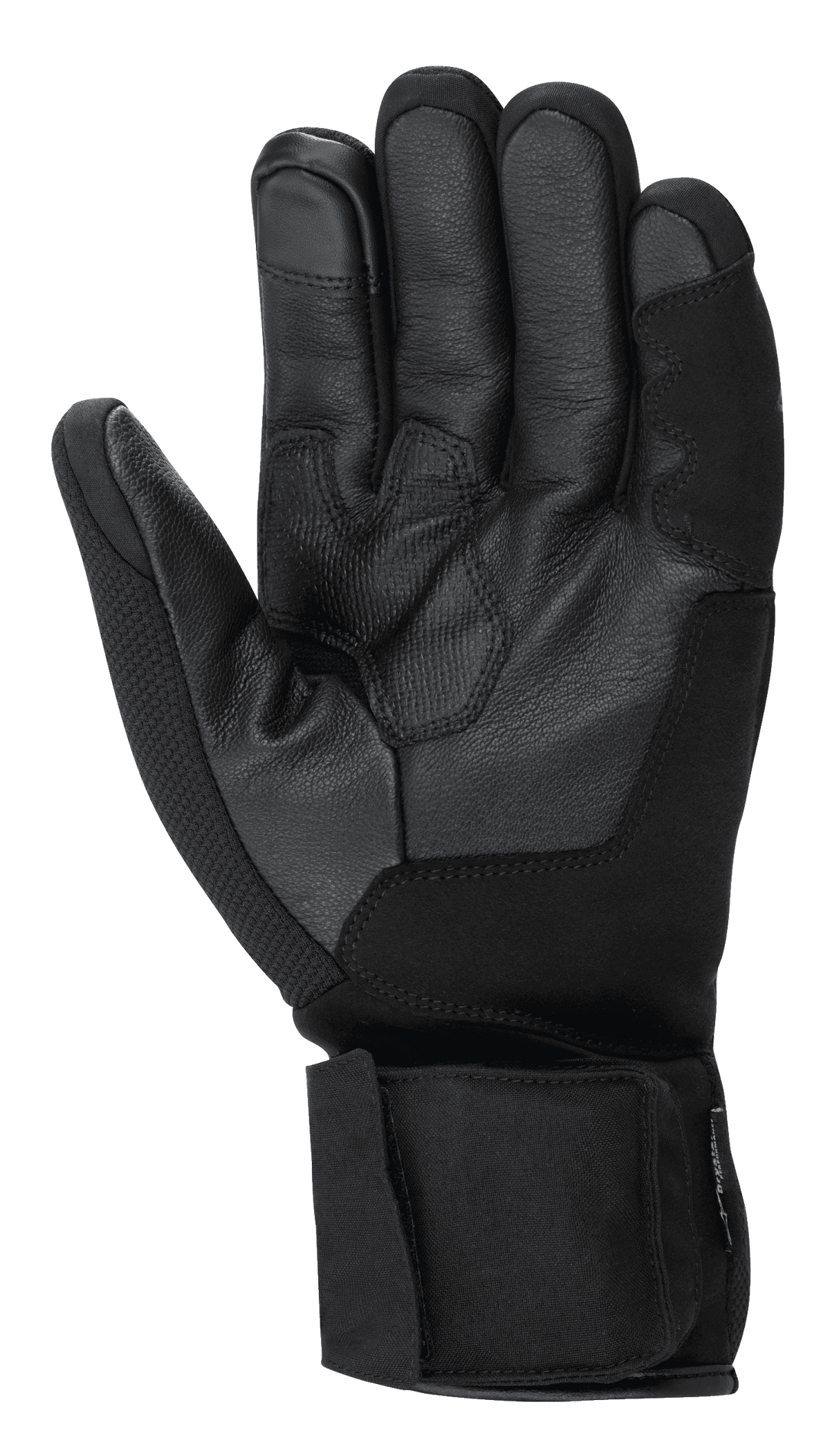 Gants Alpinestars HT-3 Heat Tech Drystar®, gants de moto noirs, vue de la paume montrant la construction en cuir de chèvre, grip texturé sur la paume et le pouce, sangle de manchette réglable, index compatible avec les écrans tactiles, équipement de touring hivernal