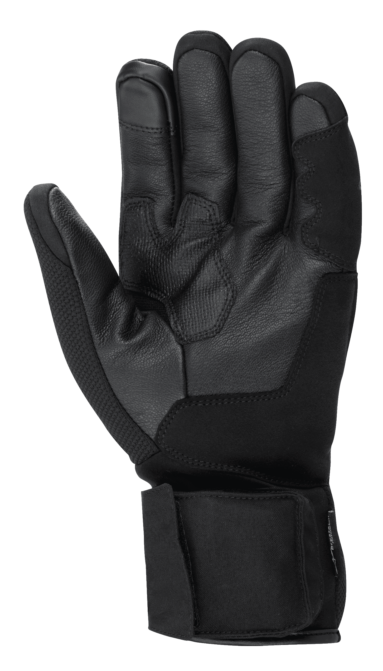 Gants Alpinestars HT-3 Heat Tech Drystar®, gants de moto noirs, vue de la paume montrant la construction en cuir de chèvre, grip texturé sur la paume et le pouce, sangle de manchette réglable, index compatible avec les écrans tactiles, équipement de touring hivernal
