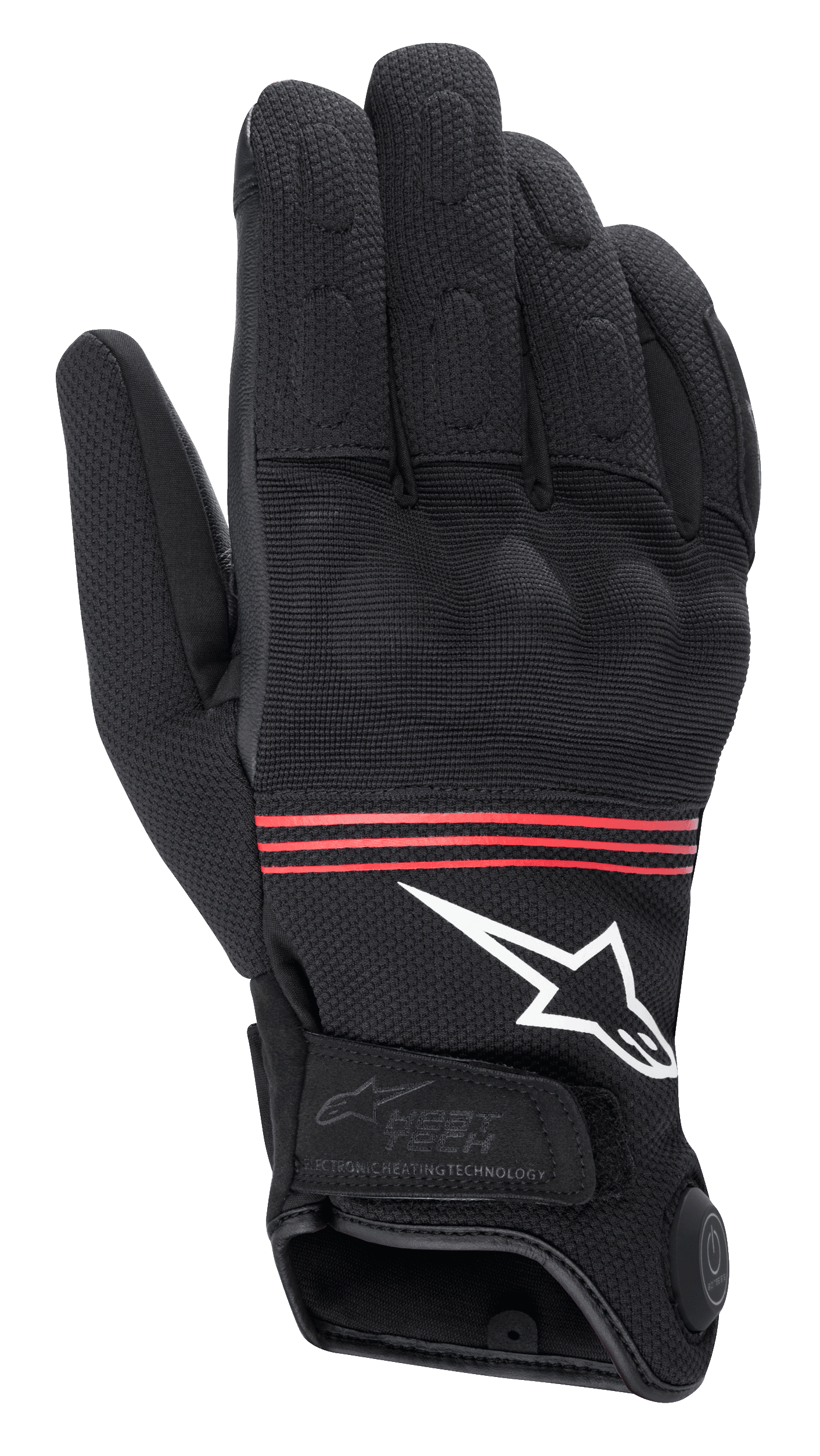 Gants Alpinestars HT-3 Heat Tech Drystar®, gants de moto chauffants, noirs avec bandes rouges et logo blanc, dotés d'un bouton de contrôle de la technologie de chauffage électronique sur la manchette, de phalanges renforcées et d'une construction textile durable