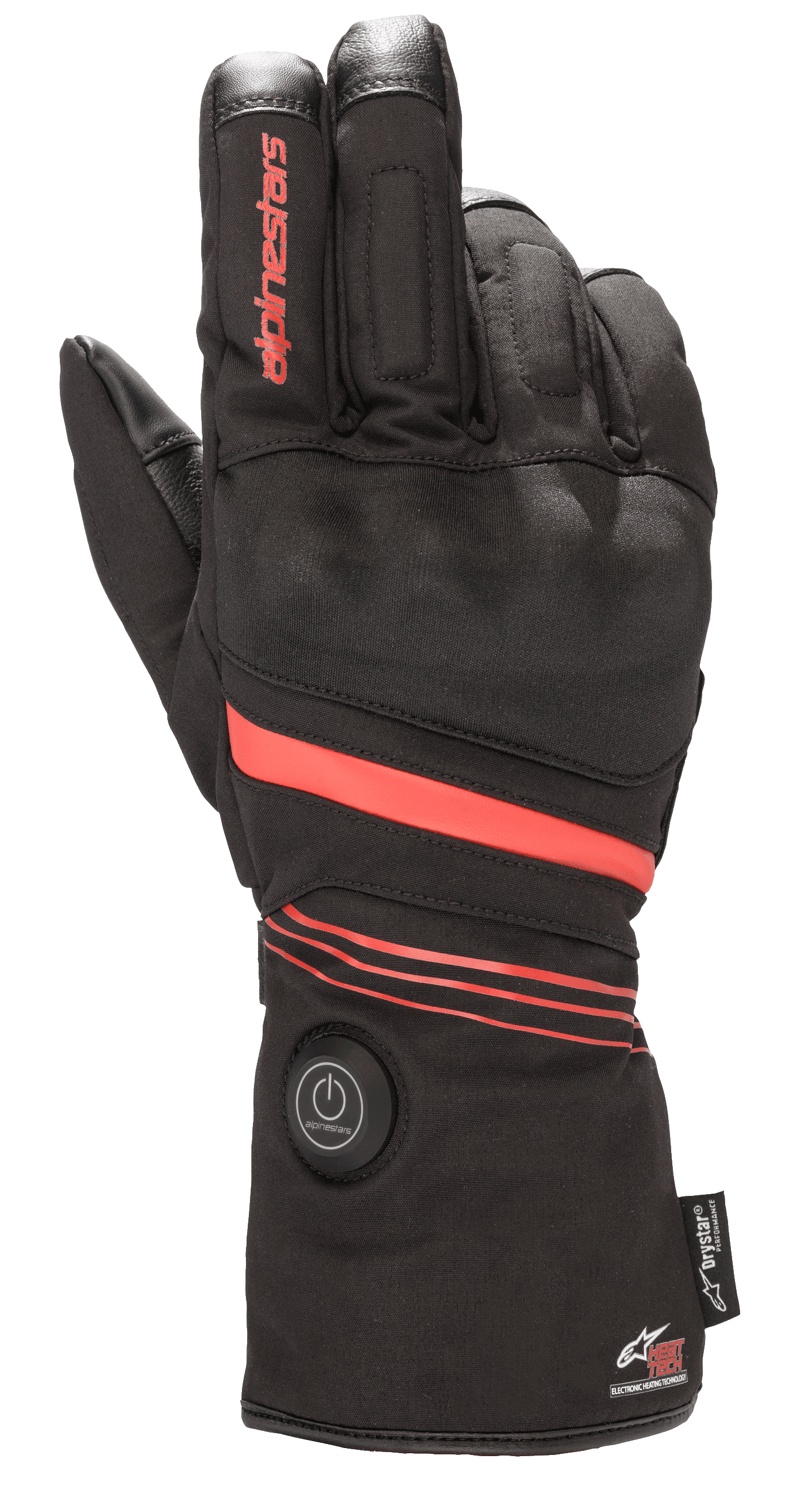 Gants Alpinestars HT-5 Heat Tech Drystar®, gants de moto chauffants, noirs avec accents rouges, avec bouton d'alimentation circulaire sur la manchette, bandes rouges sur la main et le poignet, marquage Alpinestars sur le doigt, conçus pour une protection imperméable par temps froid