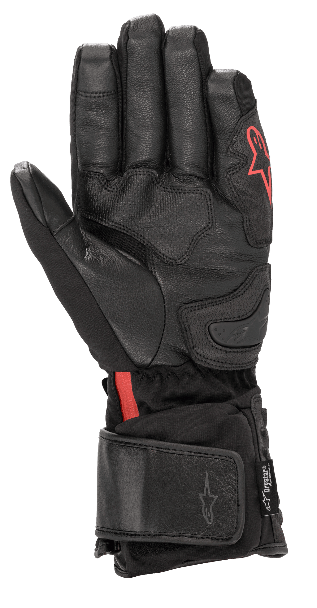 Gants Alpinestars HT-7 Heat Tech Drystar®, gants de moto chauffants noirs, dotés d'une paume en cuir et d'une construction softshell avec logo Alpinestars rouge, technologie Drystar® imperméable et manchette réglable pour la conduite sur route par temps froid