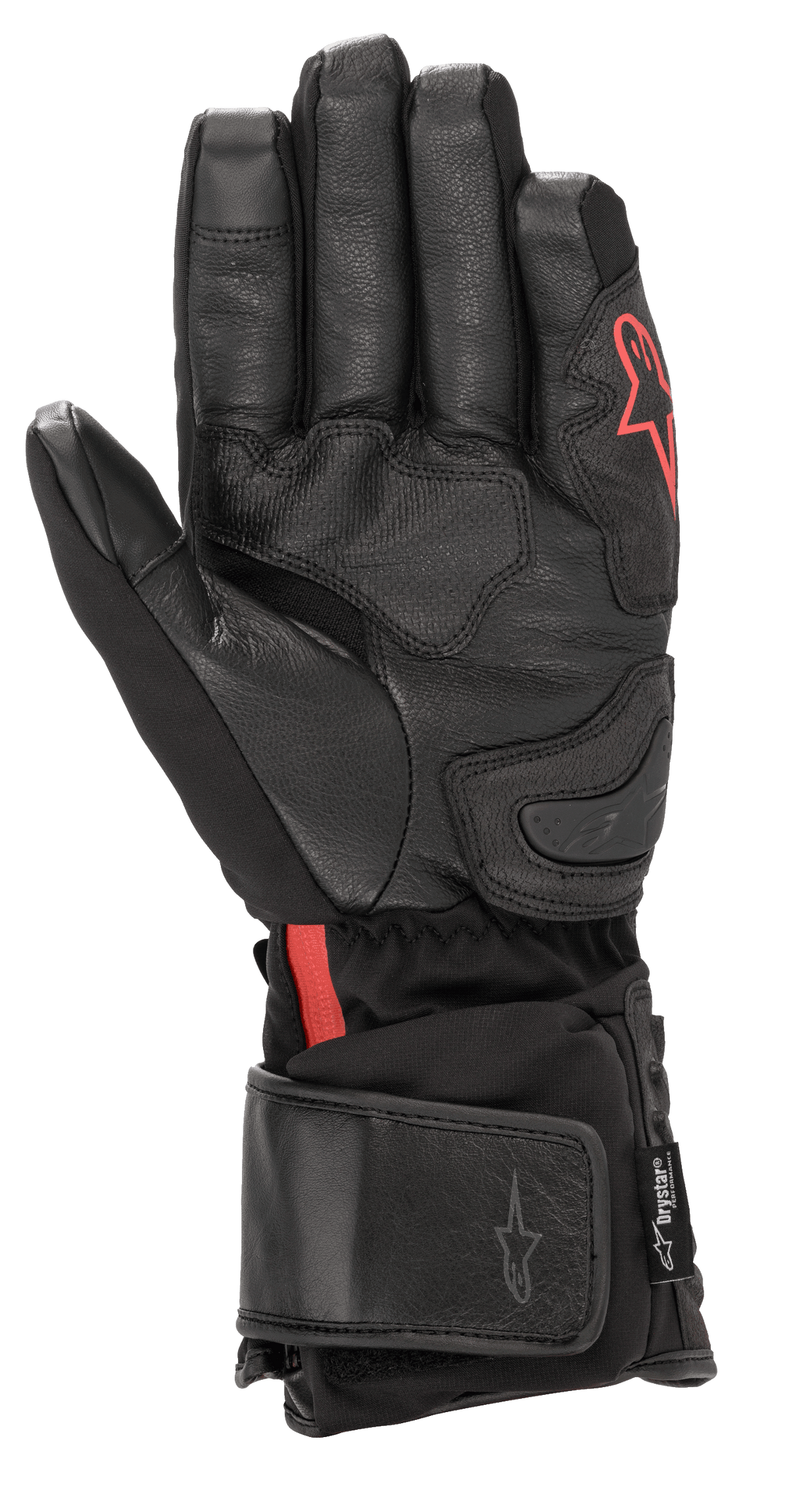 Gants Alpinestars HT-7 Heat Tech Drystar®, gants de moto chauffants noirs, dotés d'une paume en cuir et d'une construction softshell avec logo Alpinestars rouge, technologie Drystar® imperméable et manchette réglable pour la conduite sur route par temps froid