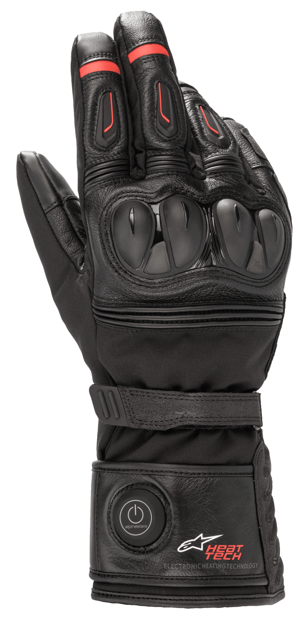 Alpinestars HT-7 Heat Tech Drystar, gants de moto chauffants, noir avec accents rouges, système électronique Heat Tech avec bouton d'alimentation sur la manchette, protection des articulations en TPU, technologie Drystar imperméable, construction en cuir et textile