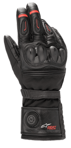 Alpinestars HT-7 Heat Tech Drystar, gants de moto chauffants, noir avec accents rouges, système électronique Heat Tech avec bouton d'alimentation sur la manchette, protection des articulations en TPU, technologie Drystar imperméable, construction en cuir et textile