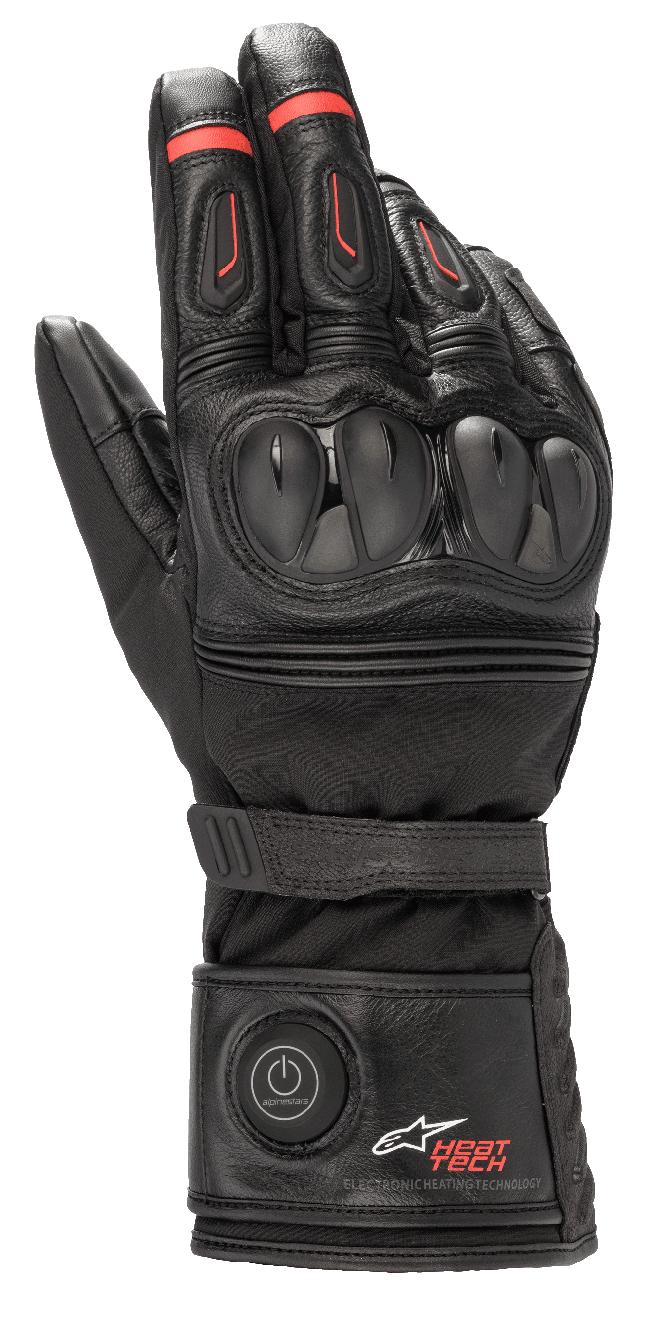 Alpinestars HT-7 Heat Tech Drystar, gants de moto chauffants, noir avec accents rouges, système électronique Heat Tech avec bouton d'alimentation sur la manchette, protection des articulations en TPU, technologie Drystar imperméable, construction en cuir et textile