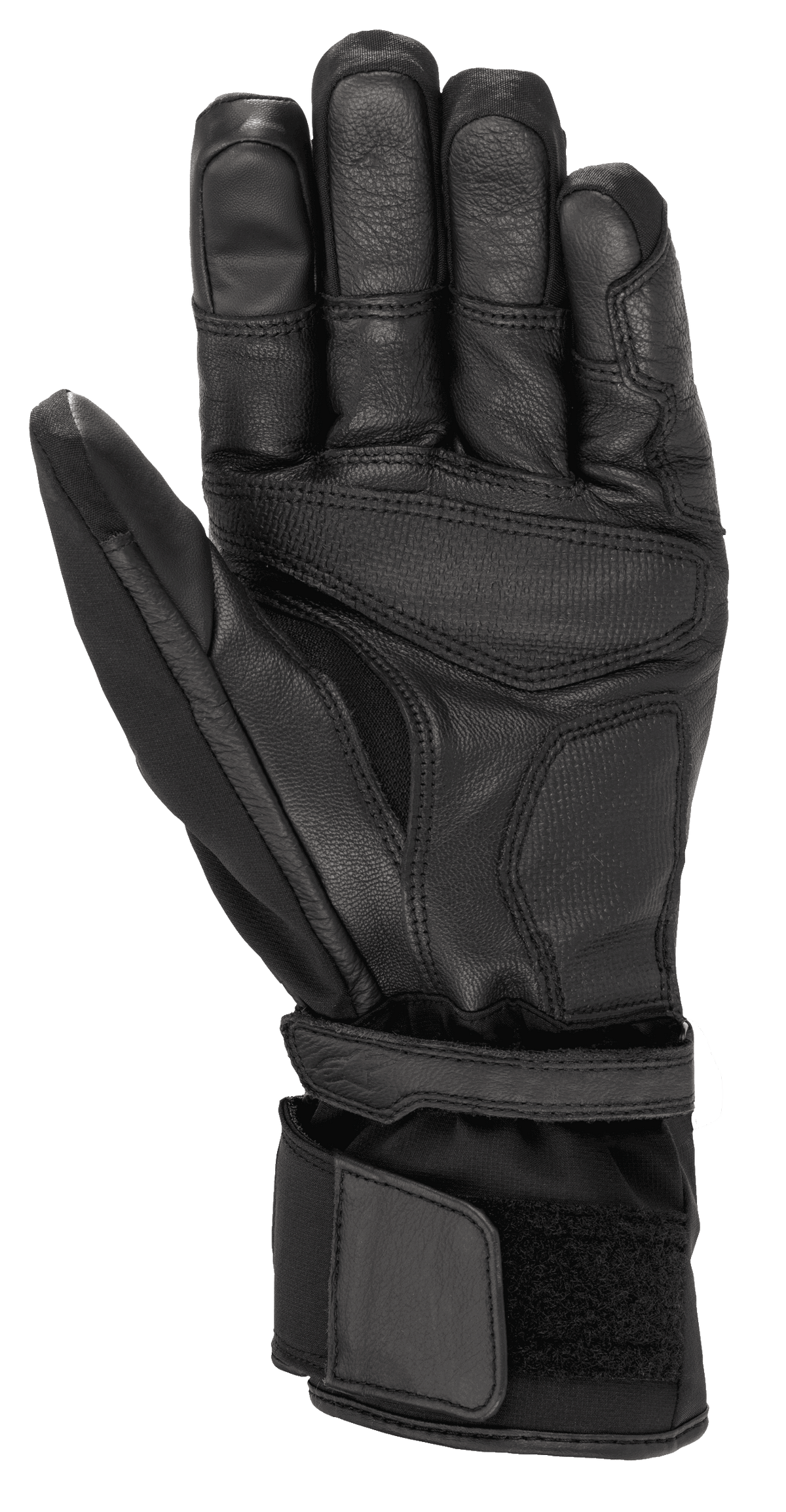 Alpinestars Range 2 En Un GORE-TEX avec technologie Goregrip, gants de moto, noir, vue de la paume montrant la construction en cuir de chèvre, les zones de préhension renforcées et une manchette longue avec ajustement velcro pour un maintien sécurisé.