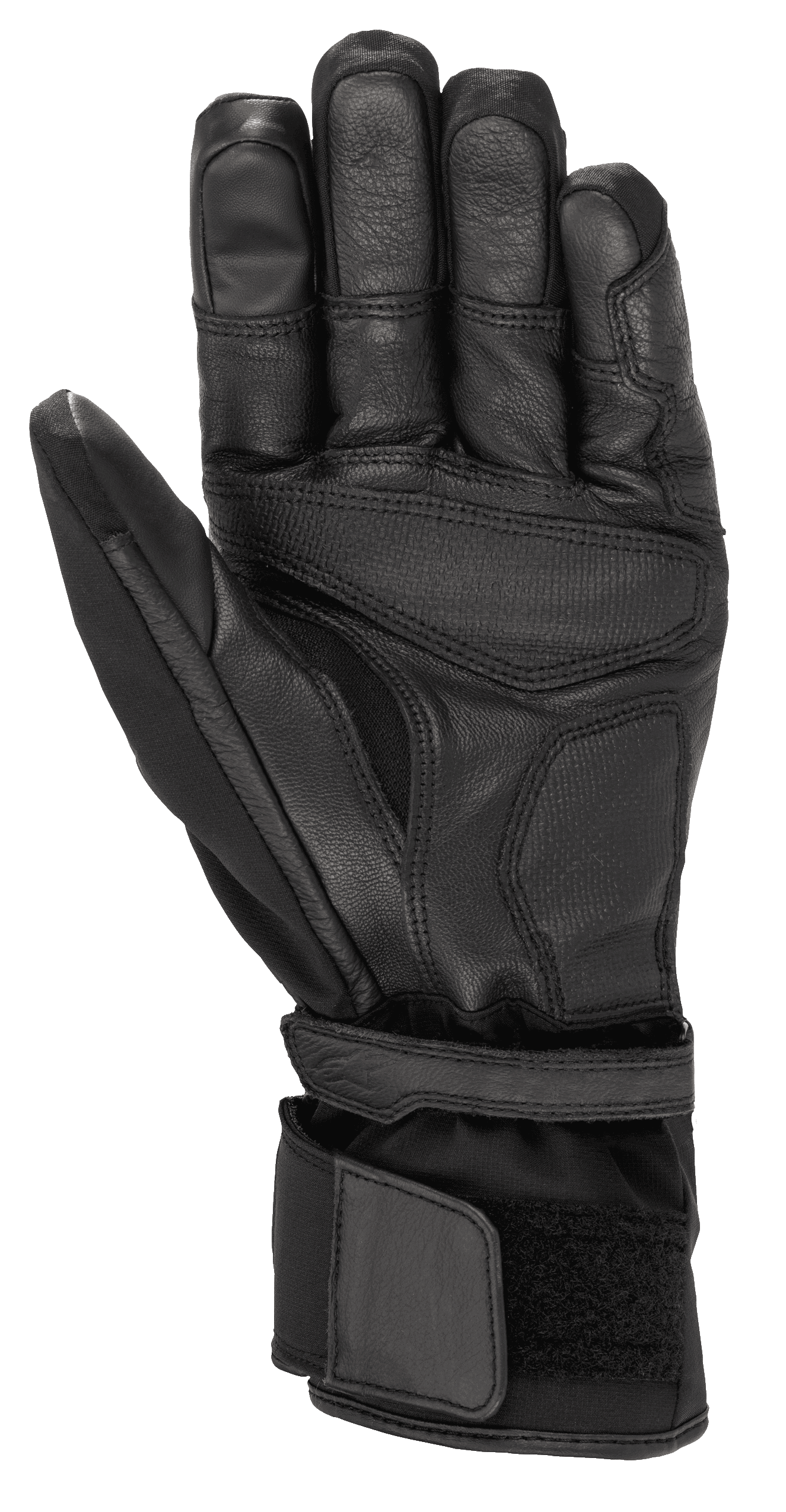 Alpinestars Range 2 En Un GORE-TEX avec technologie Goregrip, gants de moto, noir, vue de la paume montrant la construction en cuir de chèvre, les zones de préhension renforcées et une manchette longue avec ajustement velcro pour un maintien sécurisé.