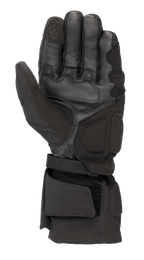 Alpinestars WR-X GORE-TEX Gloves, Black motorcycle winter gloves, palm side view showing leather and synthetic suede construction, long cuff with adjustable strap, and conductive touchscreen-compatible fingertip.