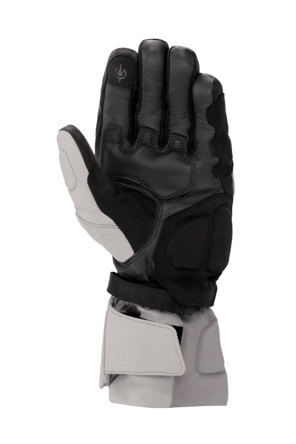 Gants Alpinestars WR-X GORE-TEX, gants de moto d'hiver, gris foncé, gris glace et noir, vue de la paume montrant la construction en cuir, les renforts en daim synthétique, l'index compatible avec les écrans tactiles et une manchette longue pour la protection contre les intempéries.