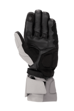 Gants Alpinestars WR-X GORE-TEX, gants de moto d'hiver, gris foncé, gris glace et noir, vue de la paume montrant la construction en cuir, les renforts en daim synthétique, l'index compatible avec les écrans tactiles et une manchette longue pour la protection contre les intempéries.