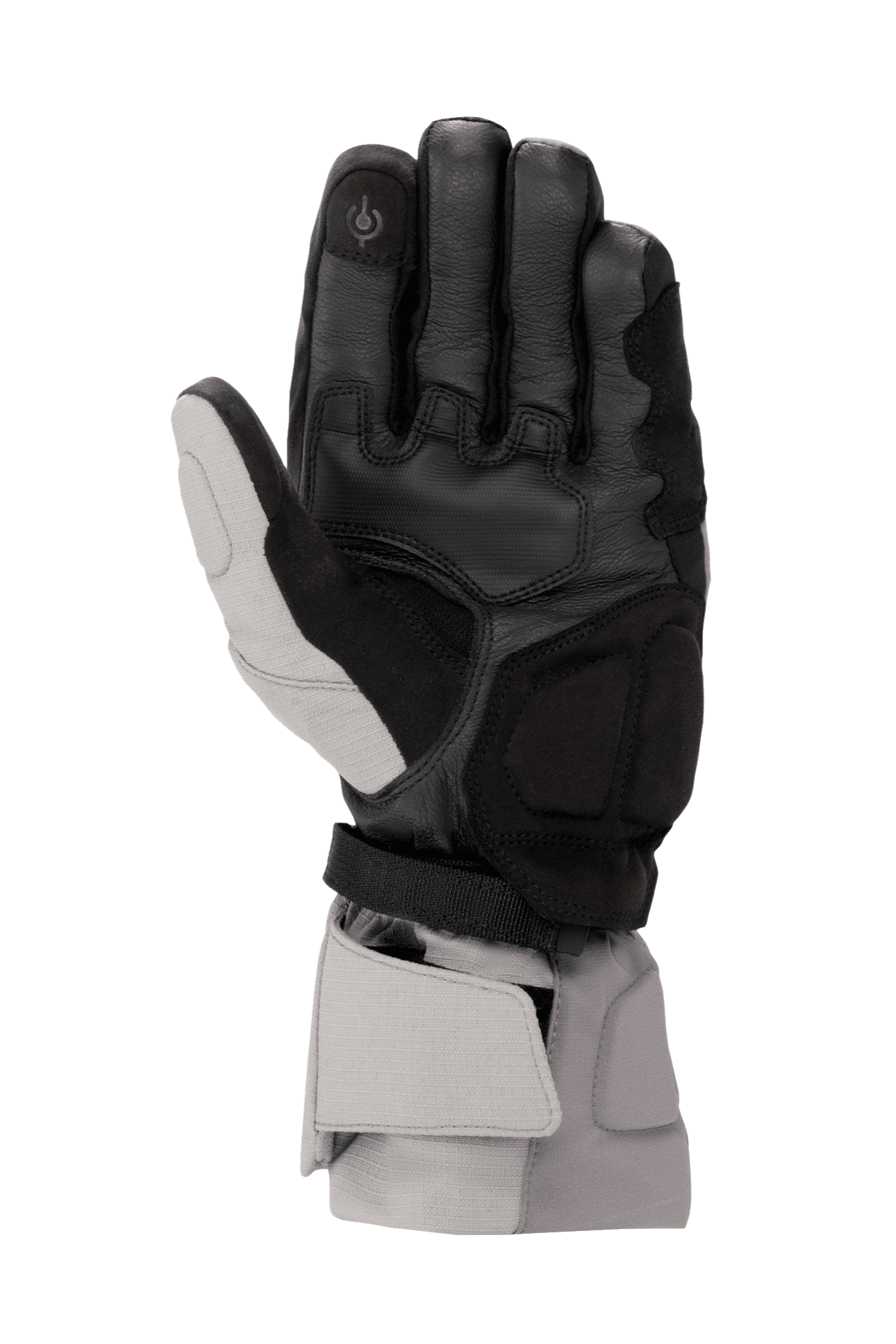 Gants Alpinestars WR-X GORE-TEX, gants de moto d'hiver, gris foncé, gris glace et noir, vue de la paume montrant la construction en cuir, les renforts en daim synthétique, l'index compatible avec les écrans tactiles et une manchette longue pour la protection contre les intempéries.