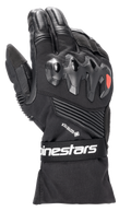 Alpinestars Boulder GORE-TEX Gloves, Black Motorcycle Gloves, featuring hard knuckle protection with red logo, GORE-TEX branding, accordion stretch panels, and a wrist strap with white Alpinestars branding, durable textile and leather construction