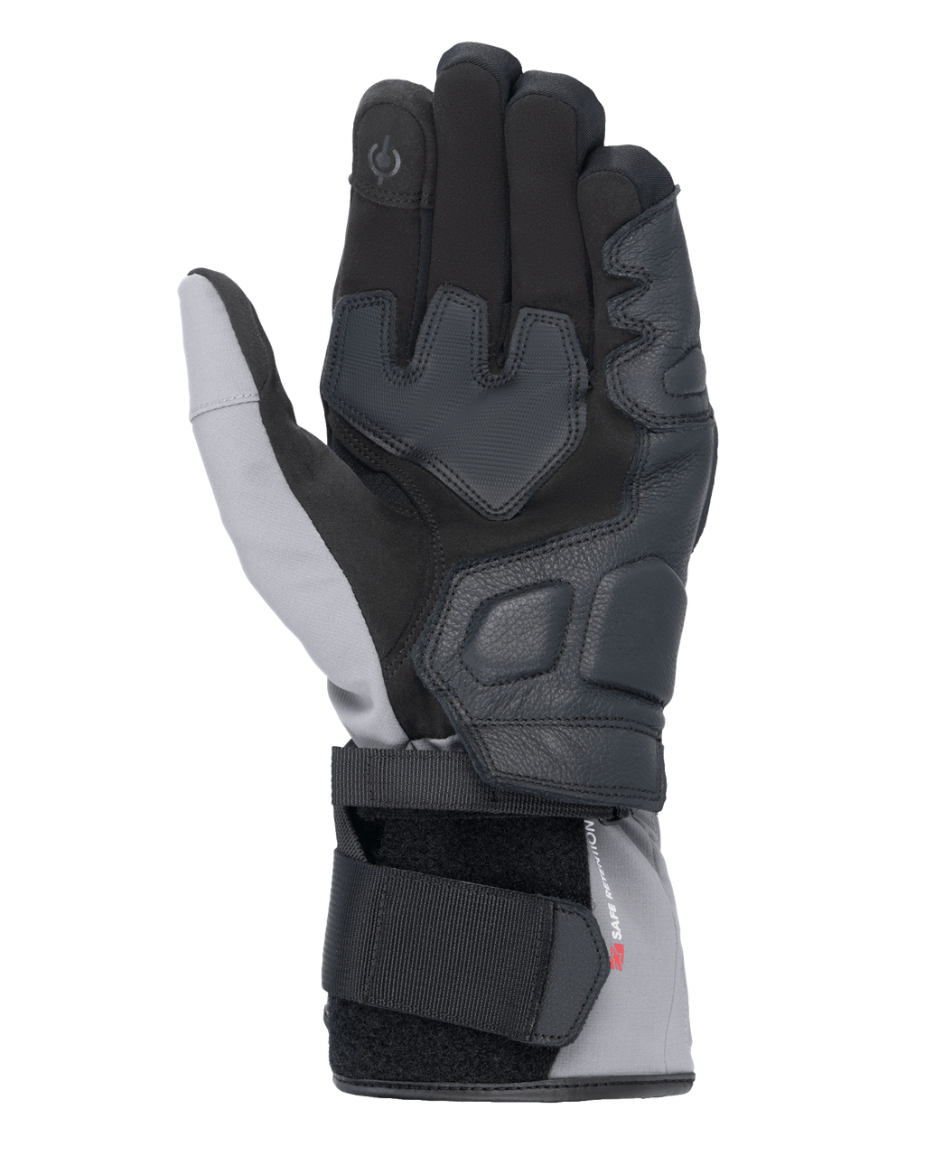 Gants Alpinestars Tourer W-7 V2 Drystar®, vue de la paume, noir et gris foncé, gants de moto d'hiver avec renforts de paume en cuir, index compatible avec les écrans tactiles et système de fermeture à double sangle pour un ajustement sûr