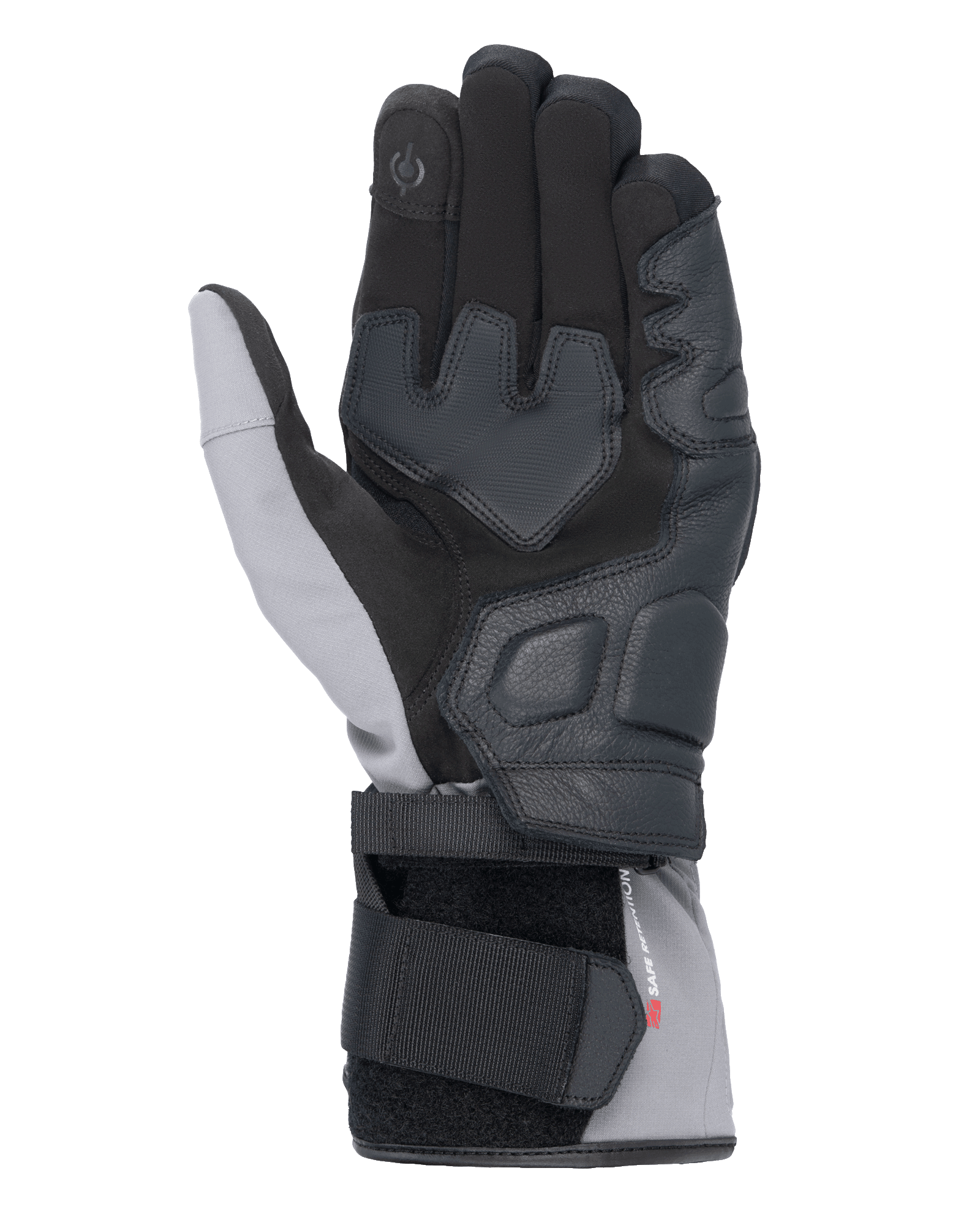 Gants Alpinestars Tourer W-7 V2 Drystar®, vue de la paume, noir et gris foncé, gants de moto d'hiver avec renforts de paume en cuir, index compatible avec les écrans tactiles et système de fermeture à double sangle pour un ajustement sûr