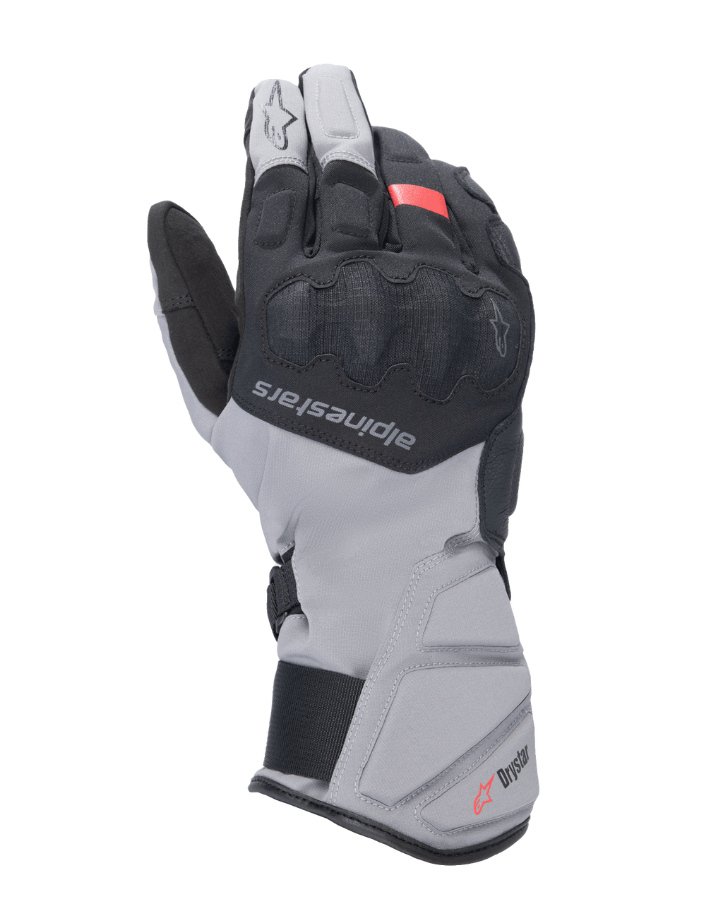 Gants Alpinestars Tourer W-7 V2 Drystar, gants de moto touring, noir et gris foncé avec accent rouge, modèle d'hiver imperméable avec manchette longue, protection des articulations SP Lite recouverte et système de fermeture réglable
