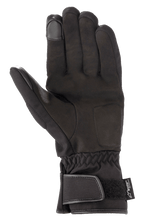 Gants Alpinestars SR-3 V2 Drystar®, gants de moto imperméables, noir, vue de la paume en cuir synthétique, manchette avec fermeture velcro et bouts de doigts compatibles avec les écrans tactiles